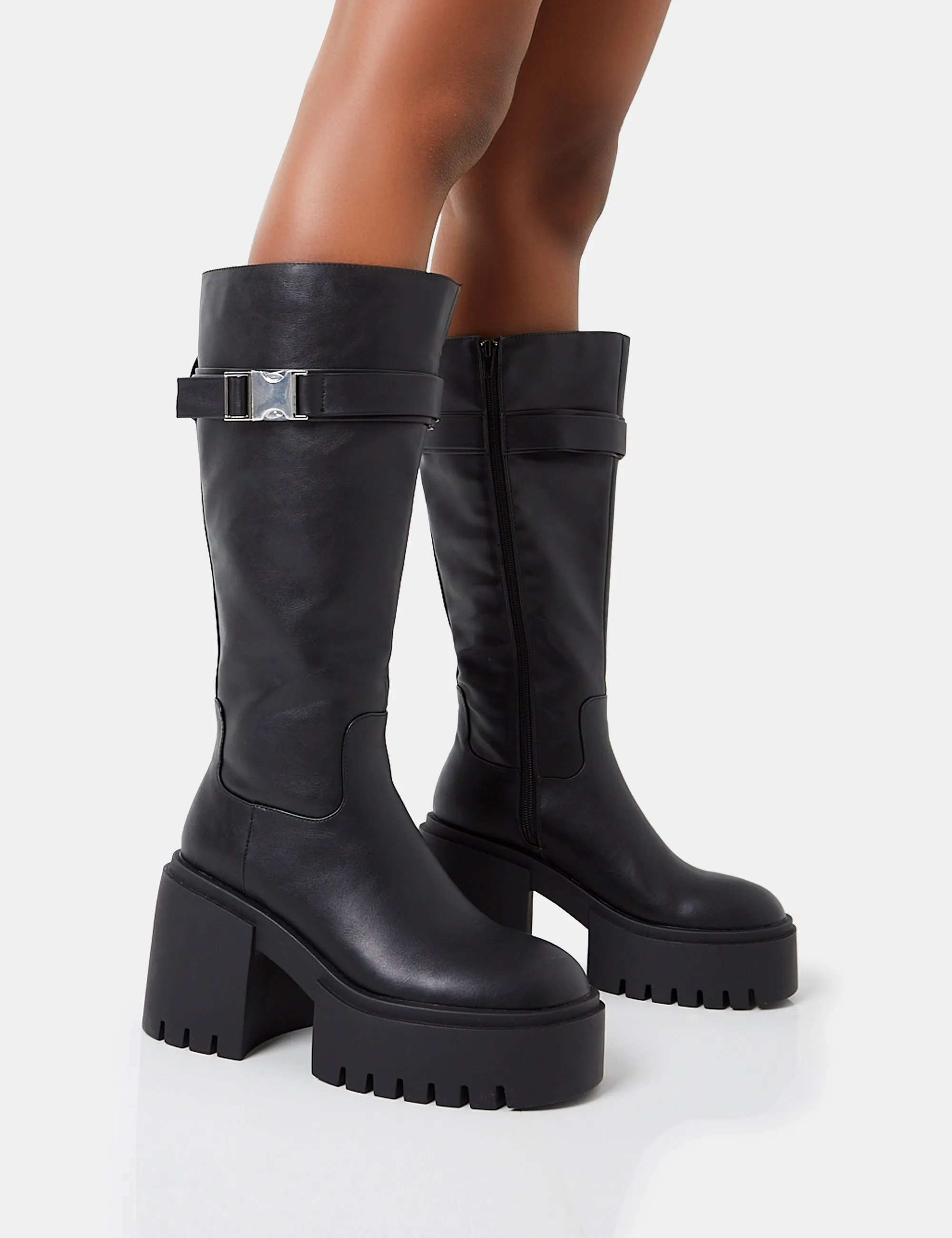 Alaska Wide Fit Black Pu Rounded Toe Chunky Soled Block Heel Knee High Boots Furry Knee High Boots