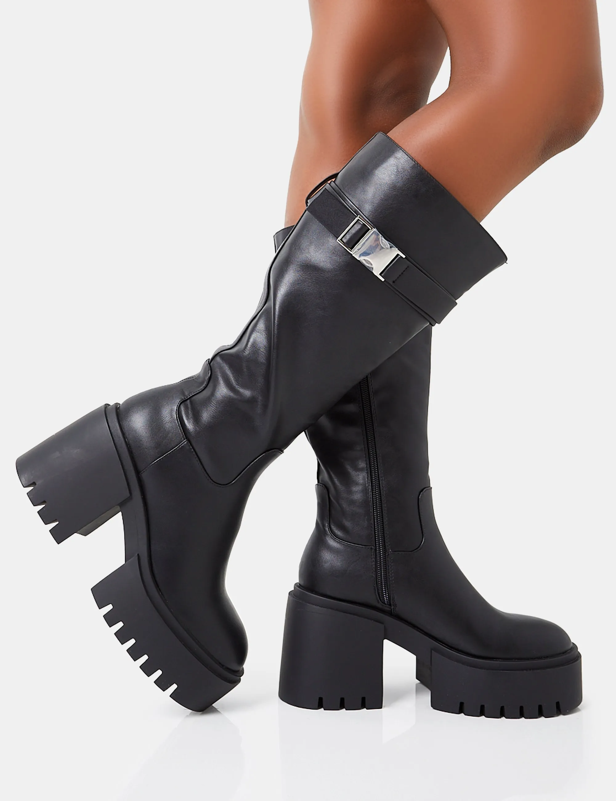 Over The Knee Vs Knee High Boots Alaska Wide Fit Black Pu Rounded Toe Chunky Soled Block Heel Knee High Boots