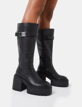 Knee High Boot Outfit Ideas Alaska Wide Fit Black Pu Rounded Toe Chunky Soled Block Heel Knee High Boots