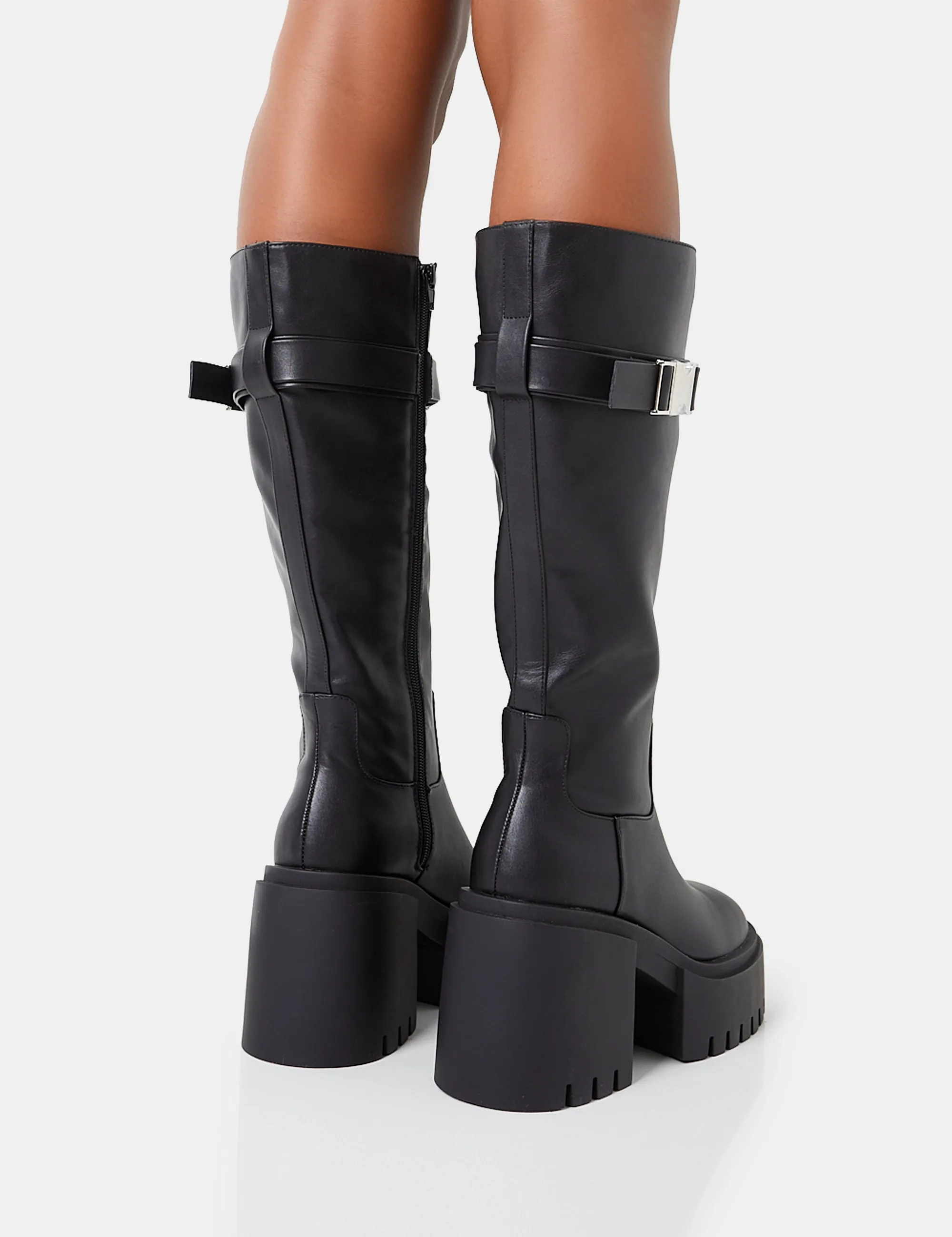 Alaska Wide Fit Black Pu Rounded Toe Chunky Soled Block Heel Knee High Boots Knee High Boots With Buckle