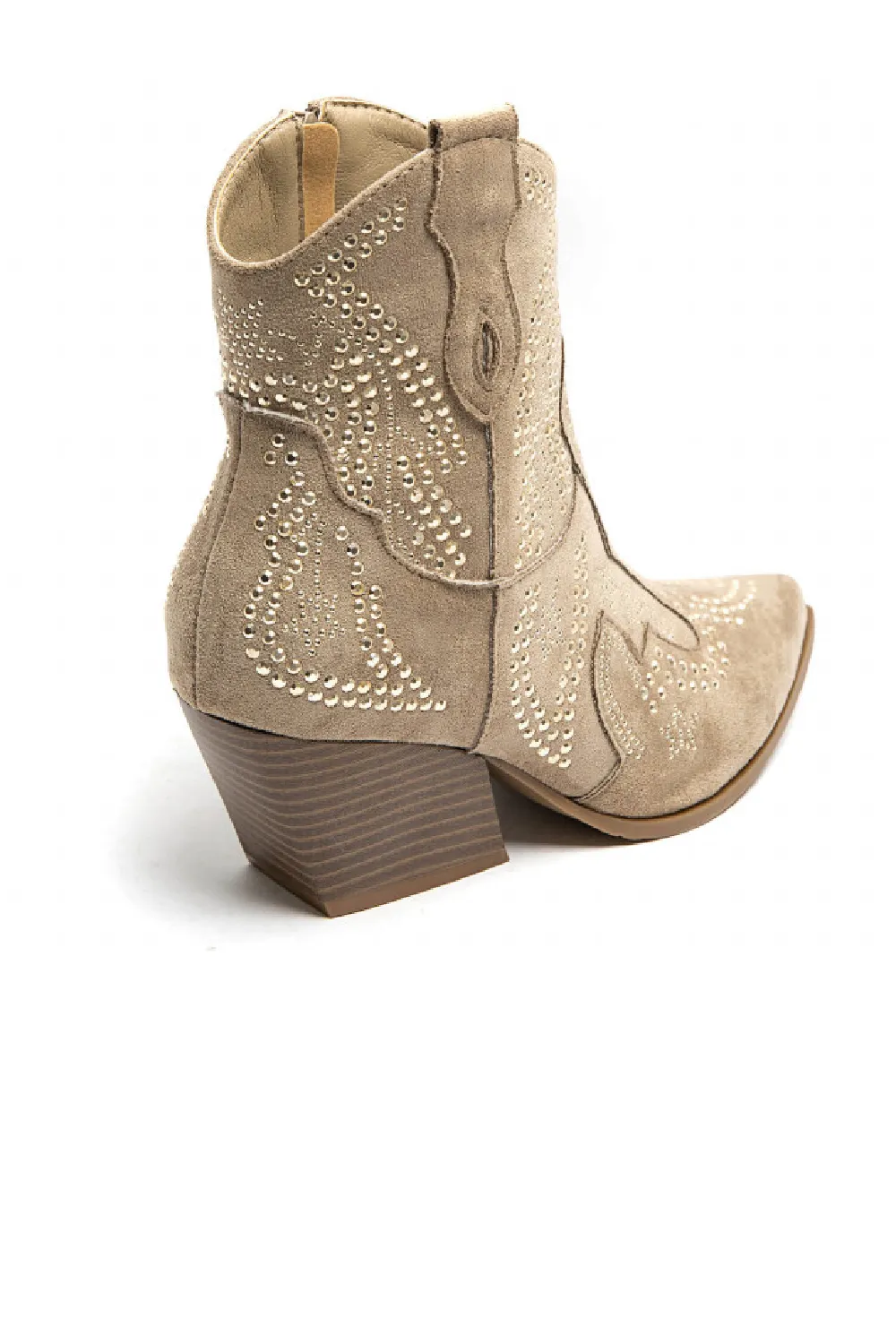 KHAKI EMBELLISHED ANKLE LENGTH WESTERN COWBOY BOOTS Leather Laced Heeled Ankle Boots