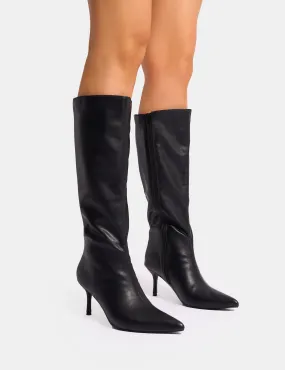 Wide Calf High Knee Boots Amped Black Pointed Toe Mid Heel Knee High Boots