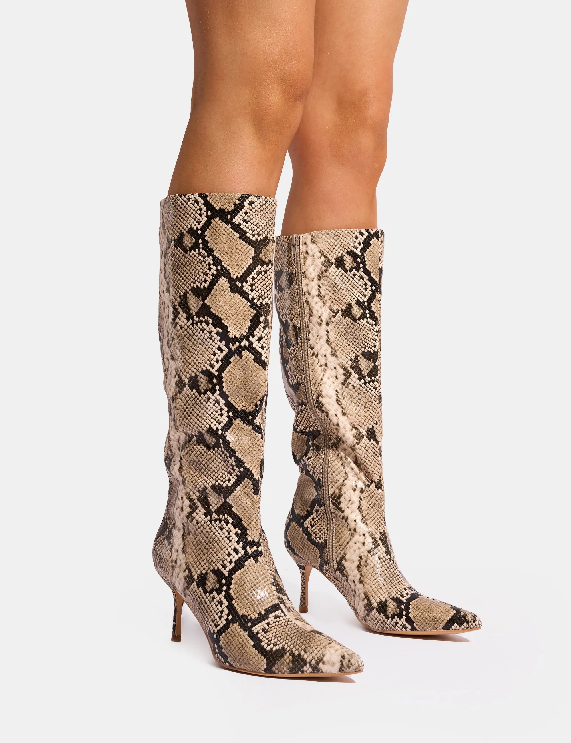 Knee High Boots Wide Amped Snake Pointed Toe Mid Heel Knee High Boots