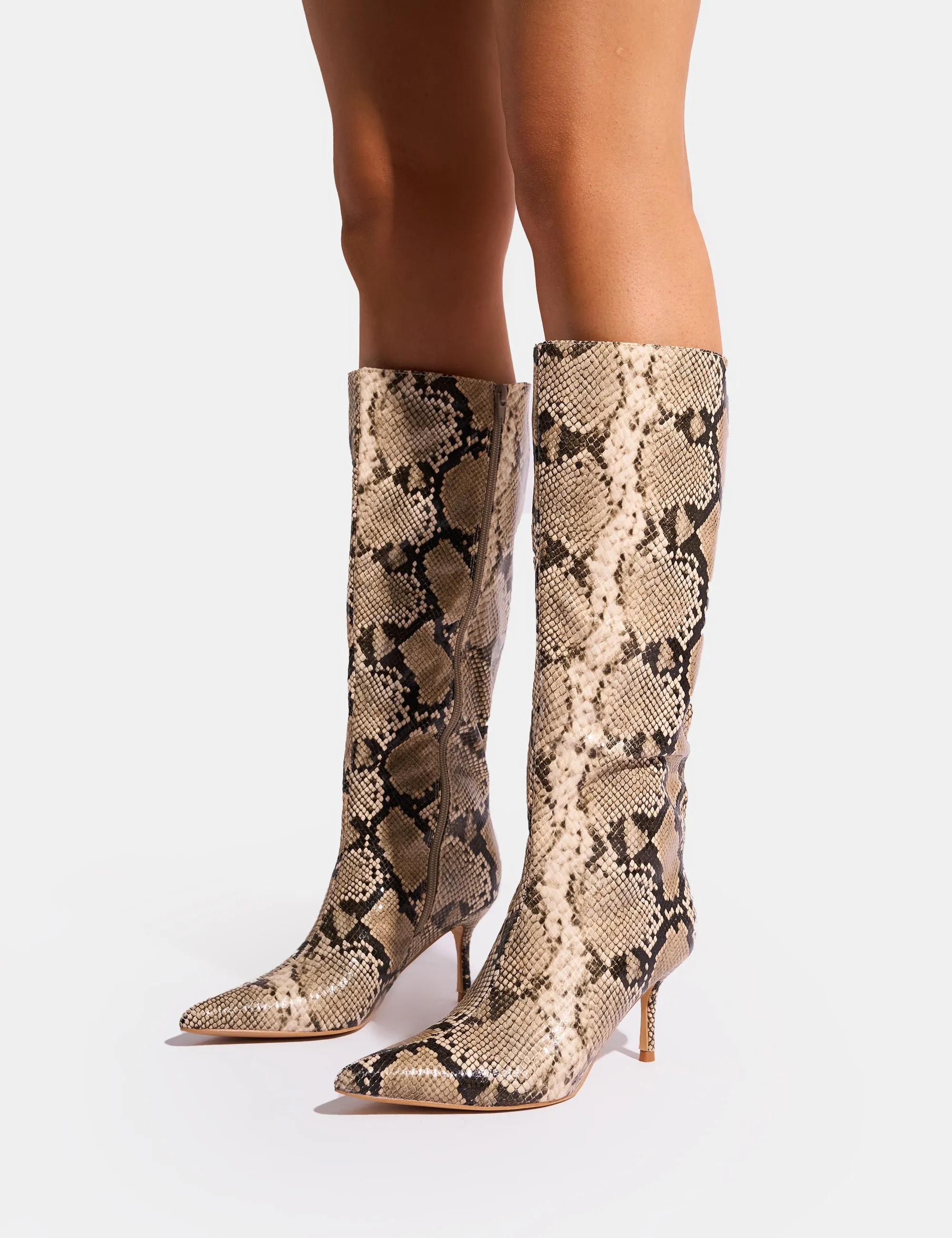 Amped Snake Pointed Toe Mid Heel Knee High Boots Best Jeans To Wear With Knee High Boots