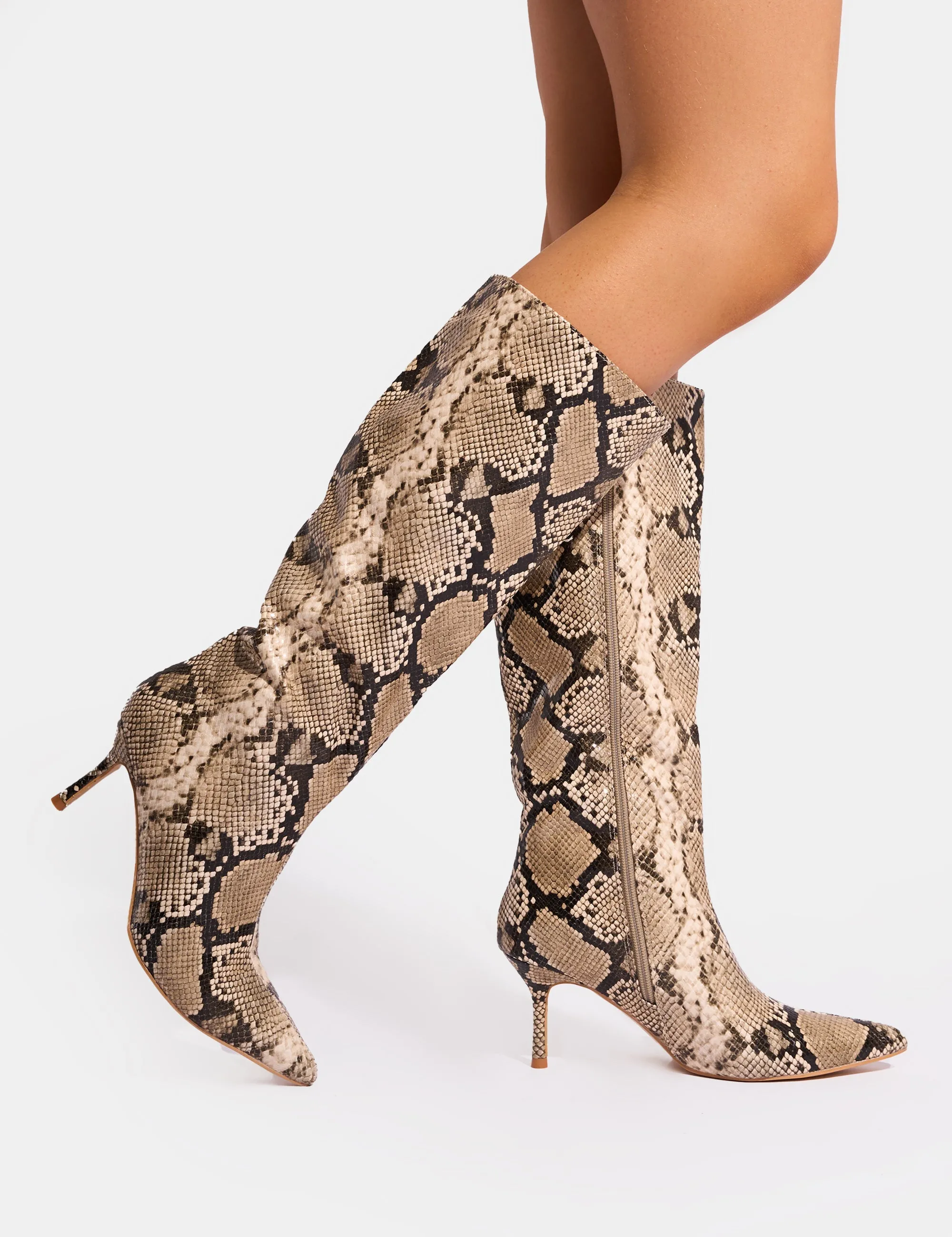 Knee High Mud Boots Amped Snake Pointed Toe Mid Heel Knee High Boots