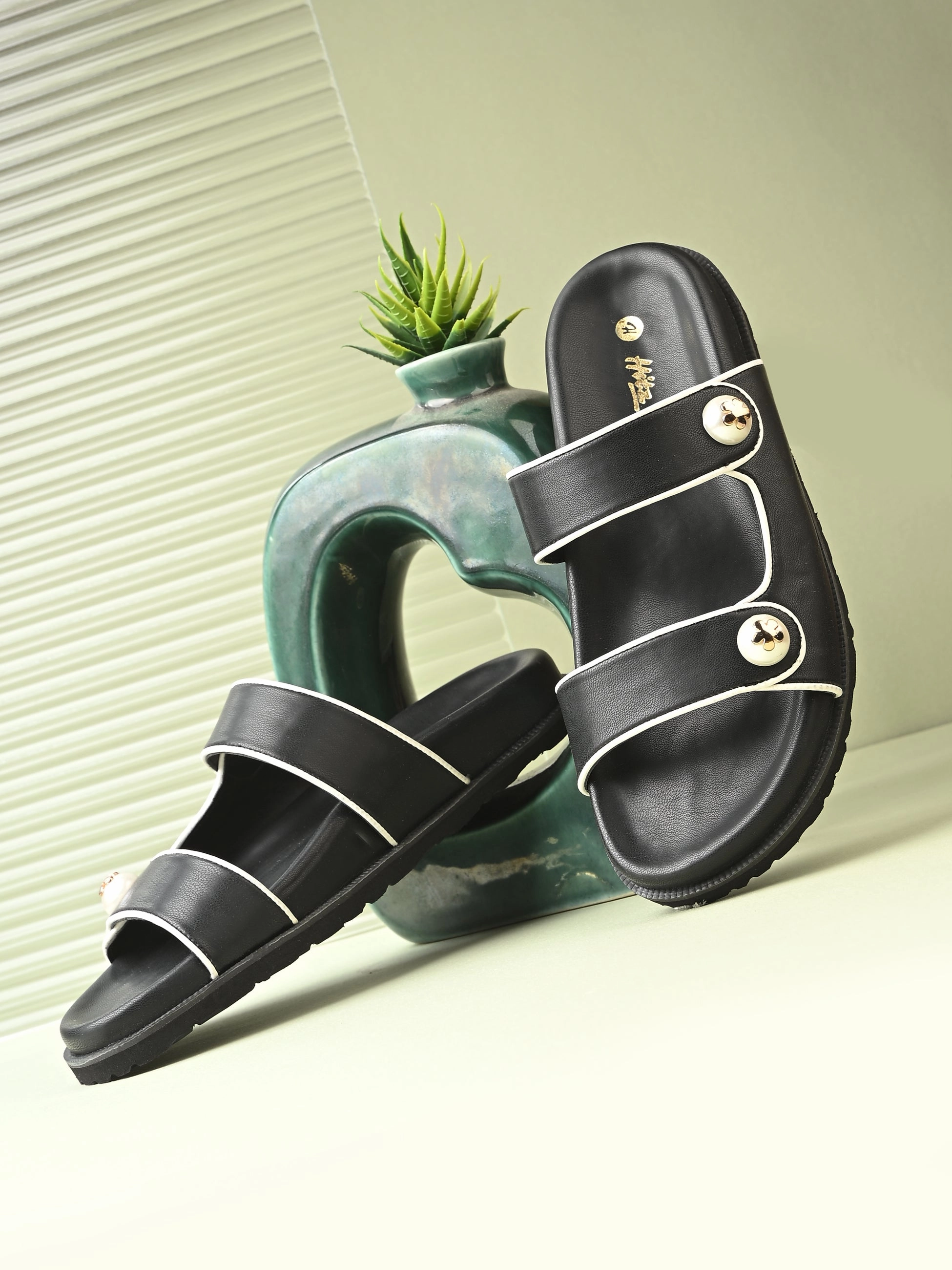 Athena Pipin Strappy Sliders Oversized Slippers