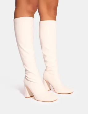 Boots Low Heel Knee High Audrina White Pu Block Heel Knee High Sock Boots