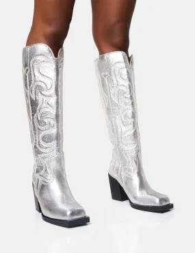 Over Knee High Flat Boots Austine Wide Fit Silver Western Block Heel Knee High Boots