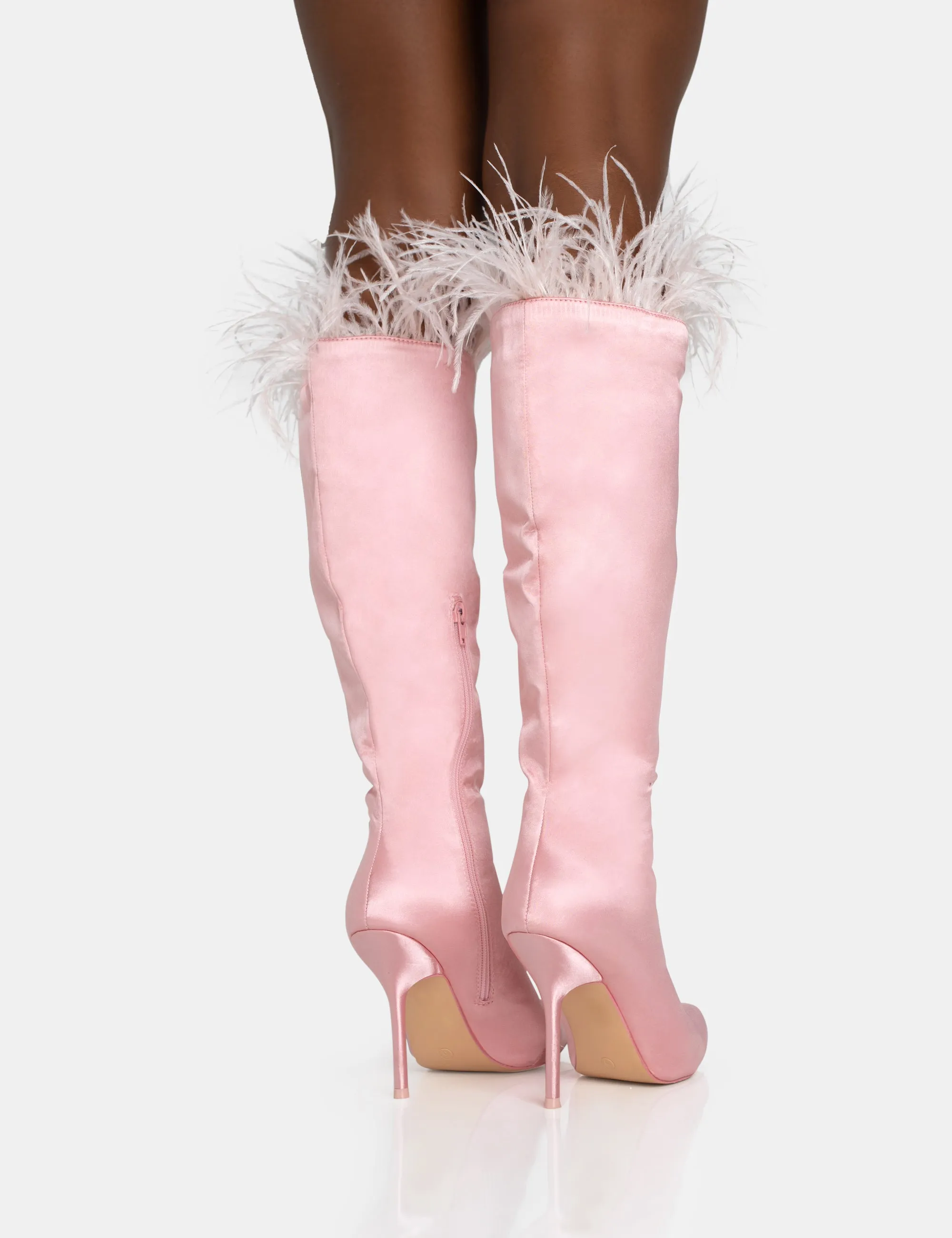 Baddie Baby Pink Satin Feather Pointed Toe Stiletto Knee High Boots Knee High Boots Wide Calf High Heel