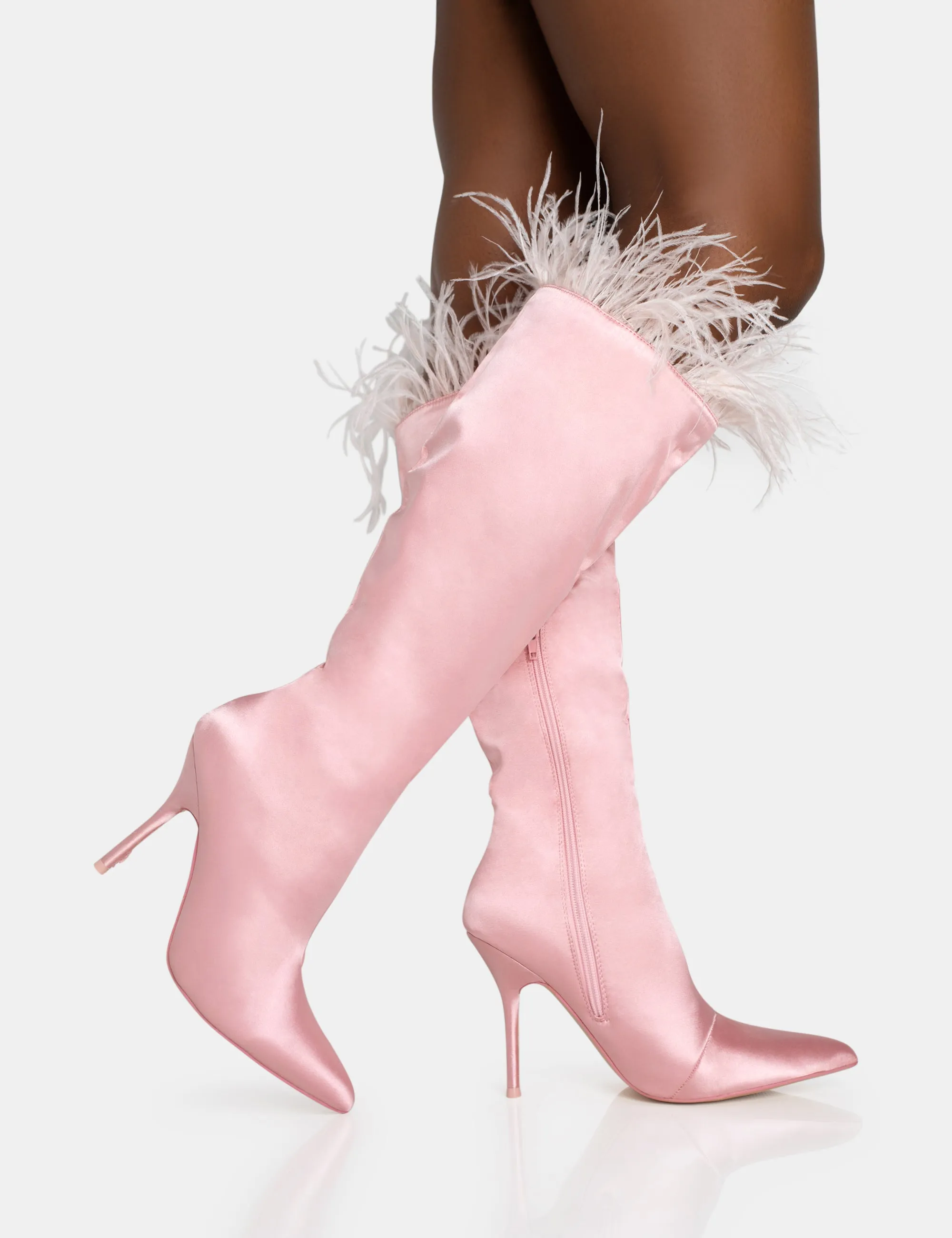 Baddie Baby Pink Satin Feather Pointed Toe Stiletto Knee High Boots Orthotic High Heels