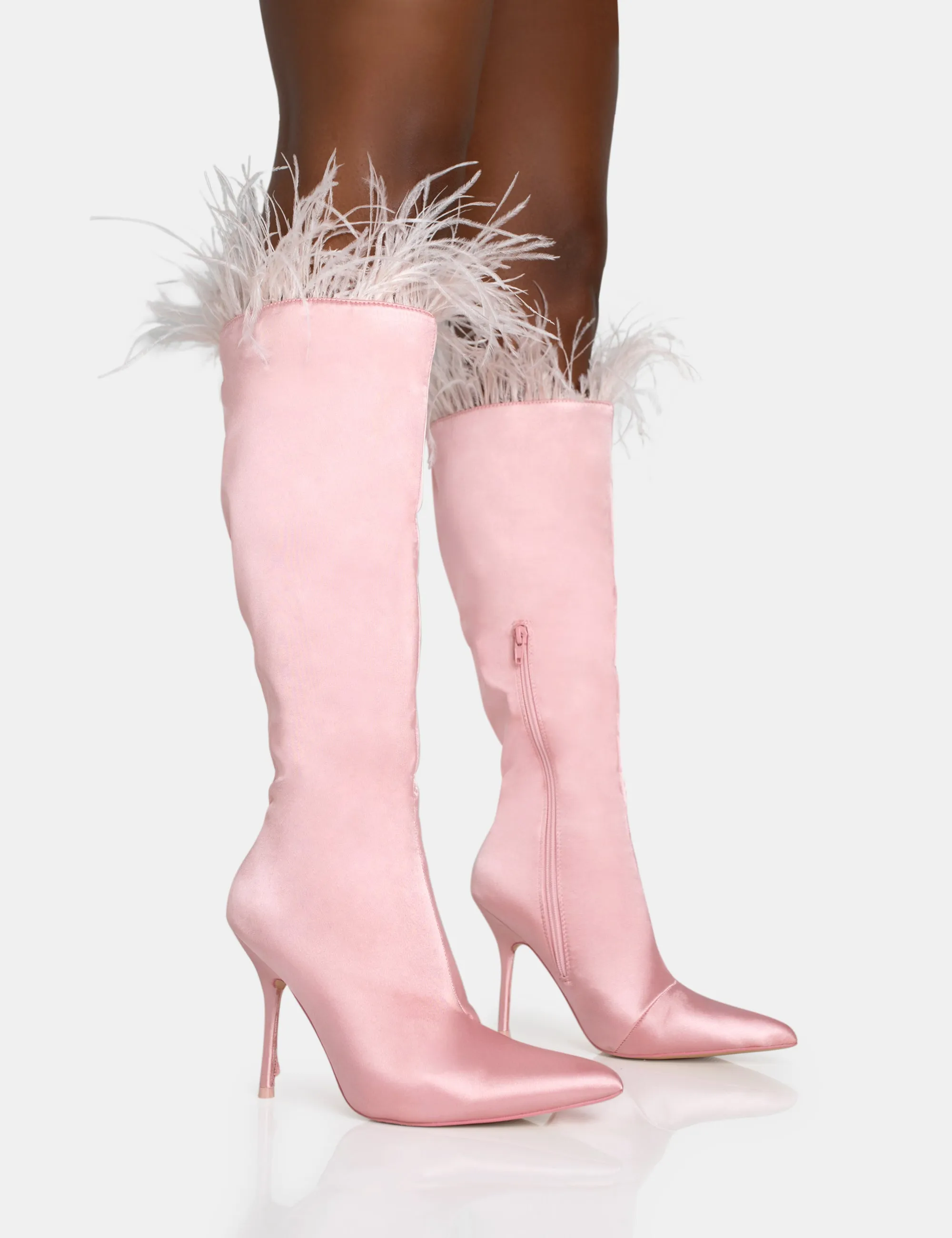 Baddie Baby Pink Satin Feather Pointed Toe Stiletto Knee High Boots High Heel Inserts Weight Shifting