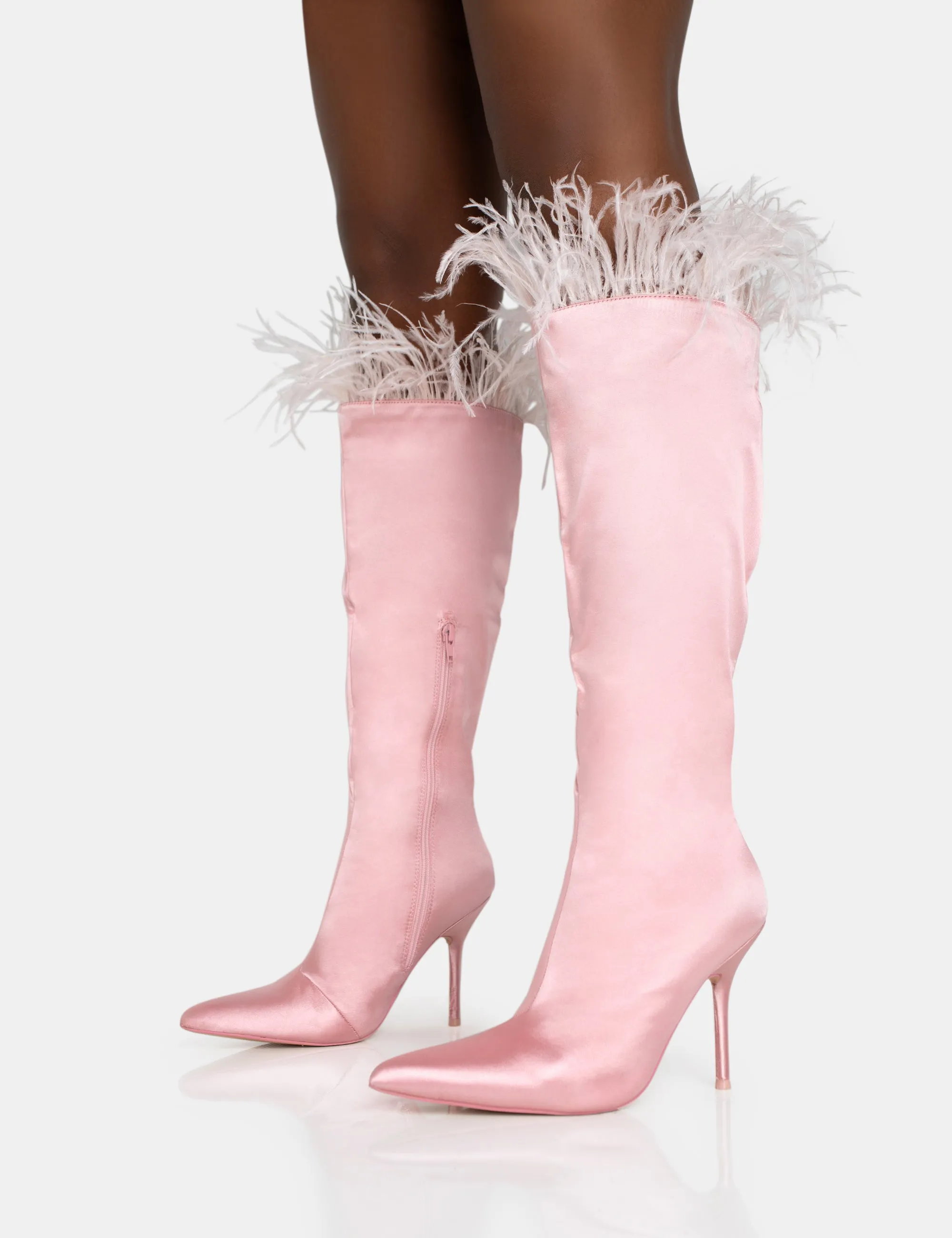 Baddie Baby Pink Satin Feather Pointed Toe Stiletto Knee High Boots High Stiletto Heels