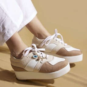 Beige Platform Sneakers with Suede Finish & Charm Chain   1-1.5 Inch Fully Customisable High Heel Shoes Soles