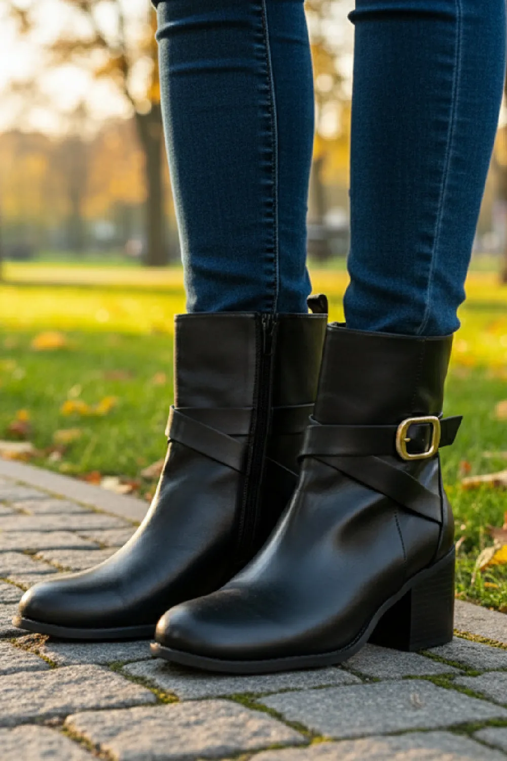 BLACK BLOCK HEELED ANKLE BOOTS Suede Ankle Boots With Buckle