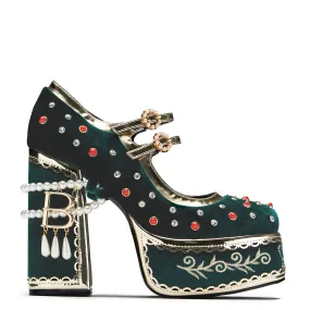 Mary Janes Shoes European Boleyns Revenge Bejewelled Velvet Heels - Green
