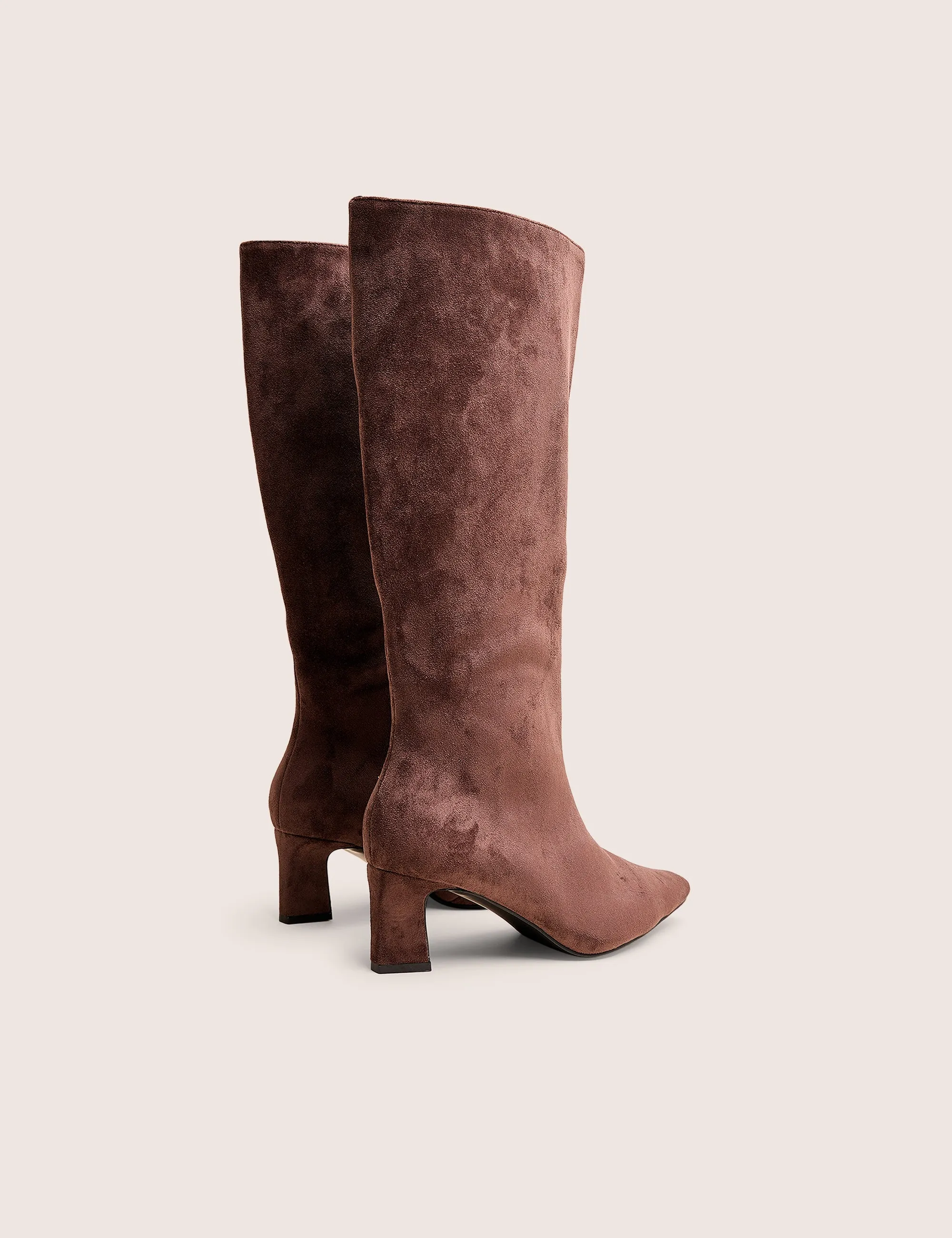 Boomer Brown Suedette Pointed Toe Knee High Mid Heel Boots Suede Wedge Knee High Boots