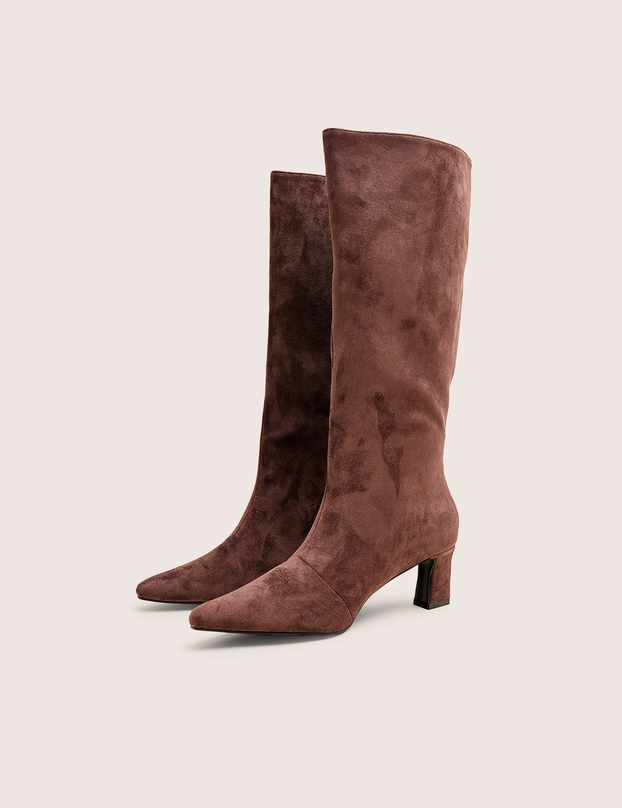 Knee High Boots With Dress Boomer Brown Suedette Pointed Toe Knee High Mid Heel Boots