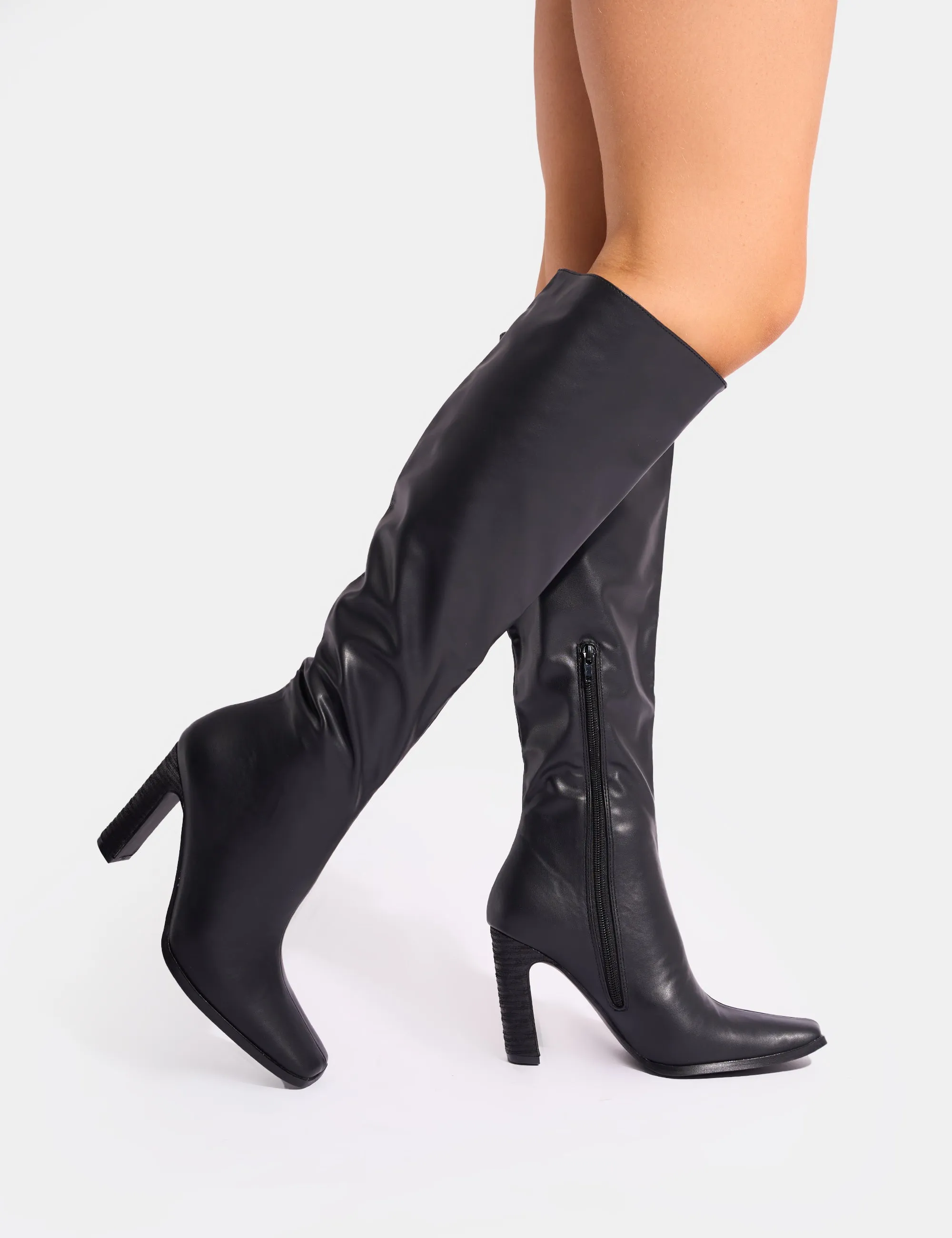 Knee High Steel Toe Boots Acquilla Black Knee High Flared Heel Boots
