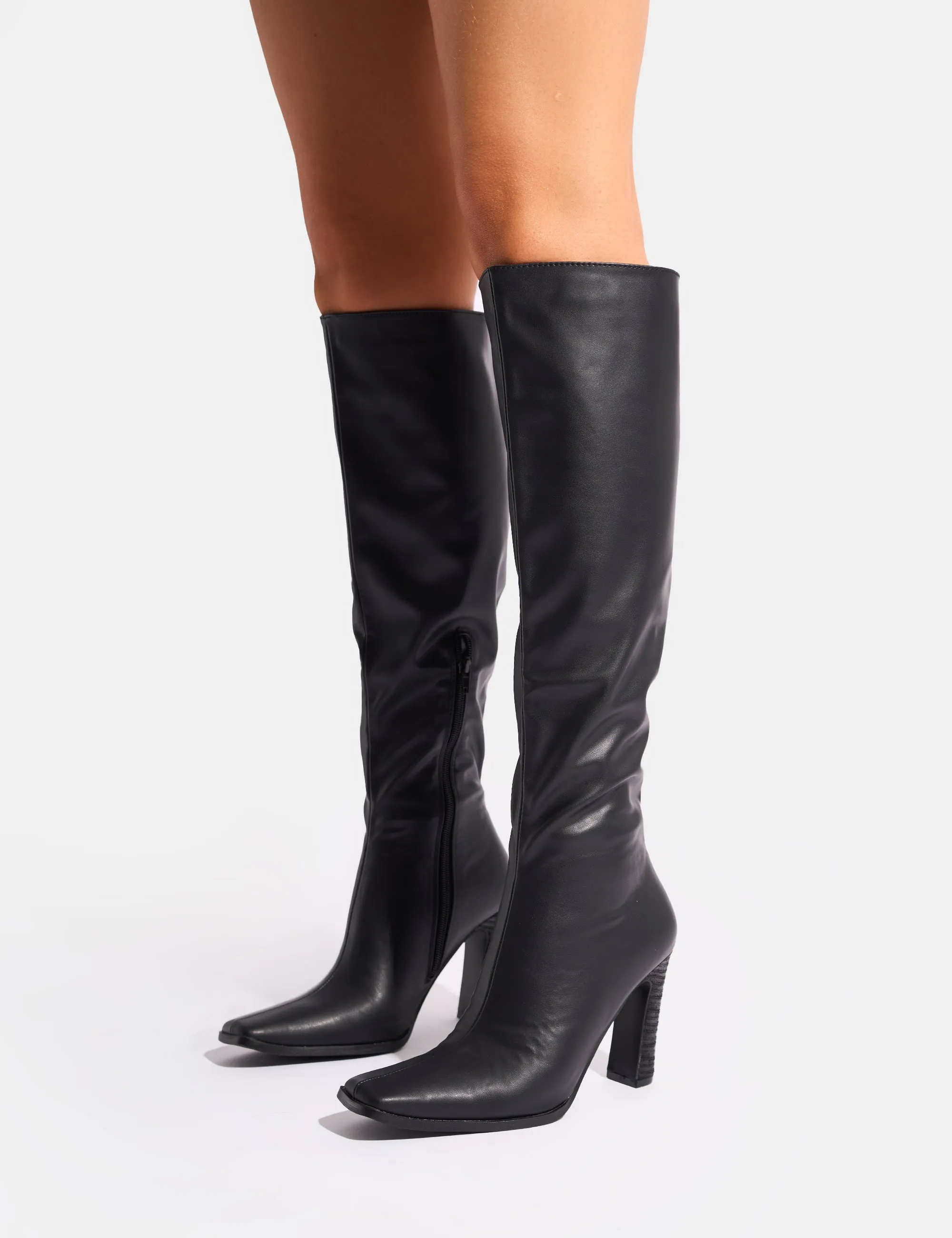 Acquilla Black Knee High Flared Heel Boots Knee High Boots With Mini Dress
