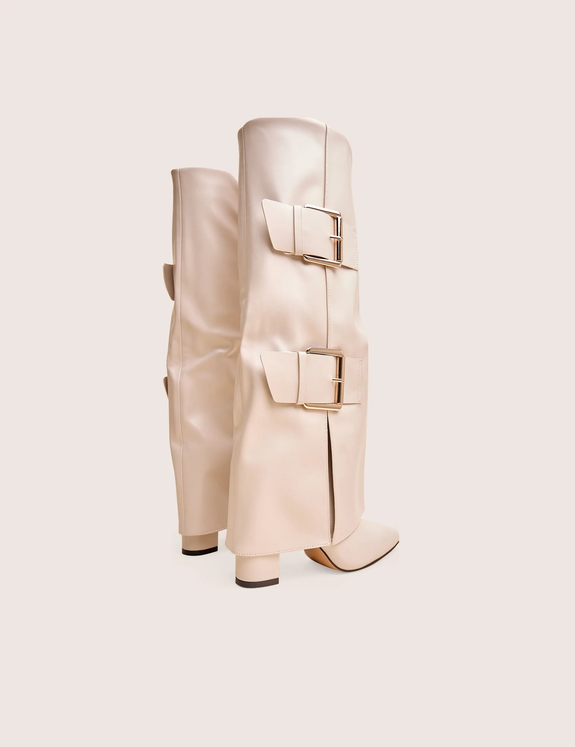 Arizona Knee High Cowboy Boots River Ecru Double Buckle Detail Pu High Knee Boots