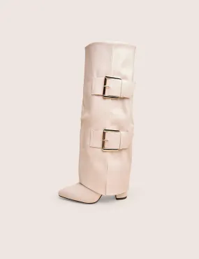River Ecru Double Buckle Detail Pu High Knee Boots Knee High Boots That Don't Slouch