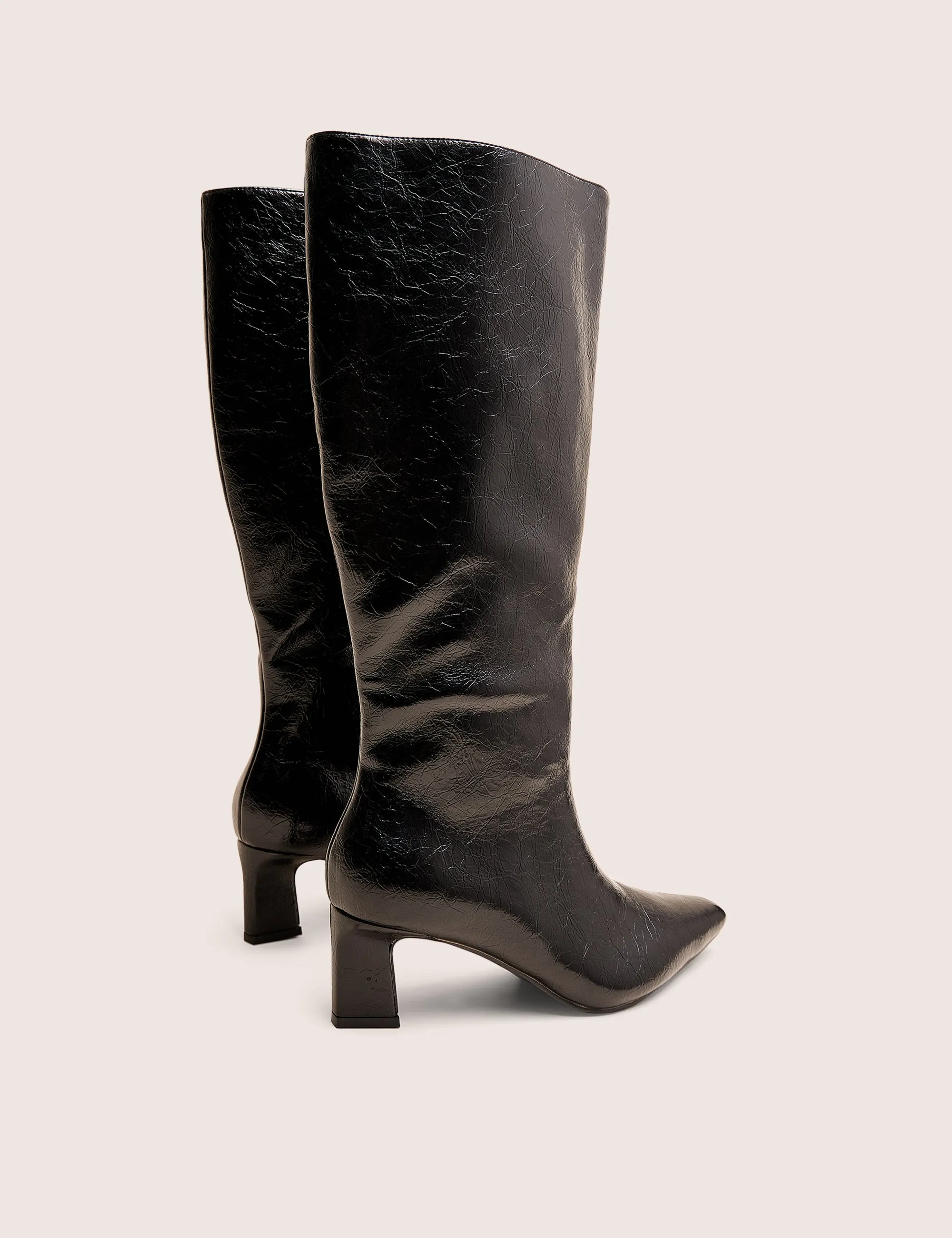 Knee-high Block-heel Stretch Dress Boots Boomer Black Crinkle Pu  Pointed Toe Knee High Mid Heel Boots