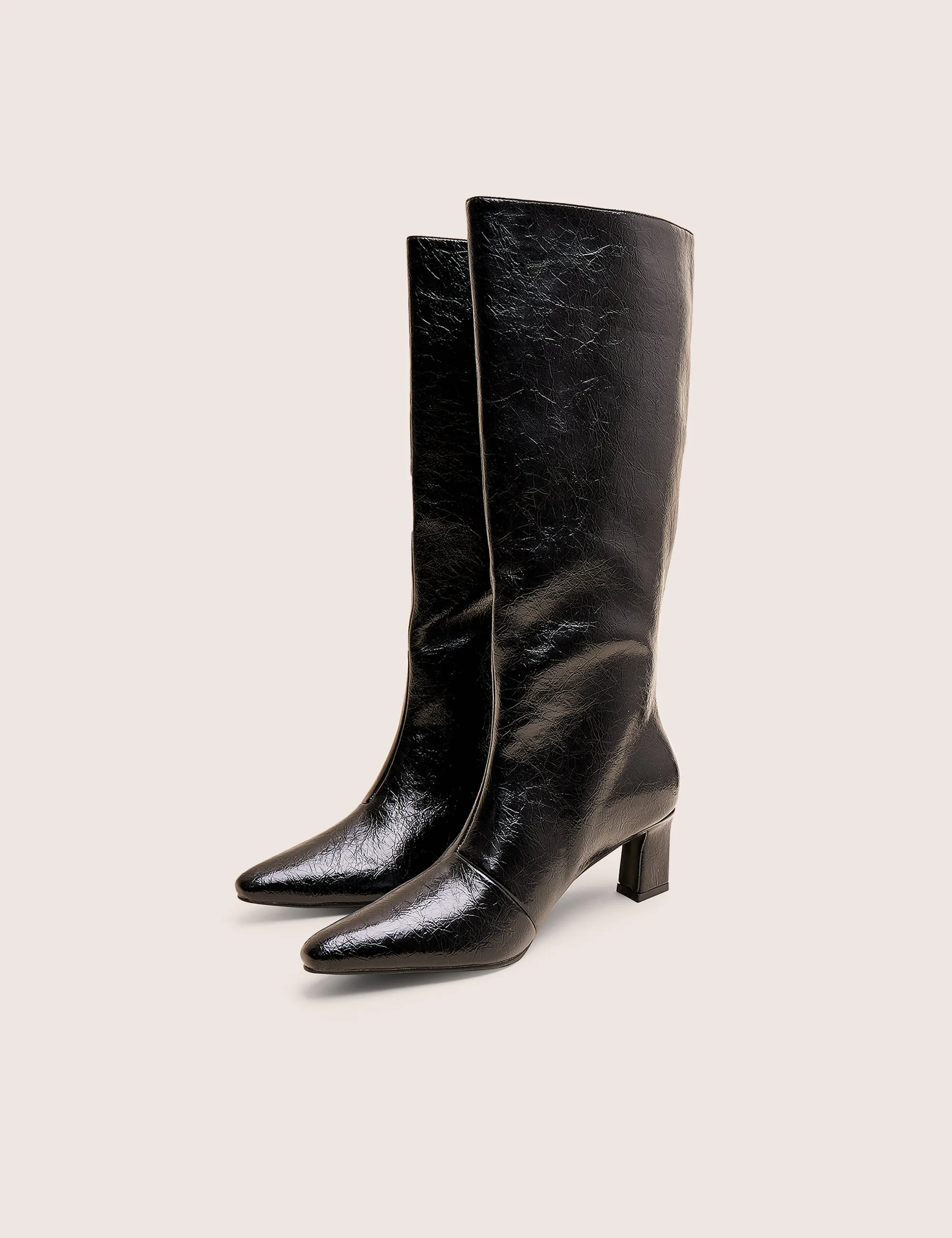 Boomer Black Crinkle Pu  Pointed Toe Knee High Mid Heel Boots Komass Knee High Boots