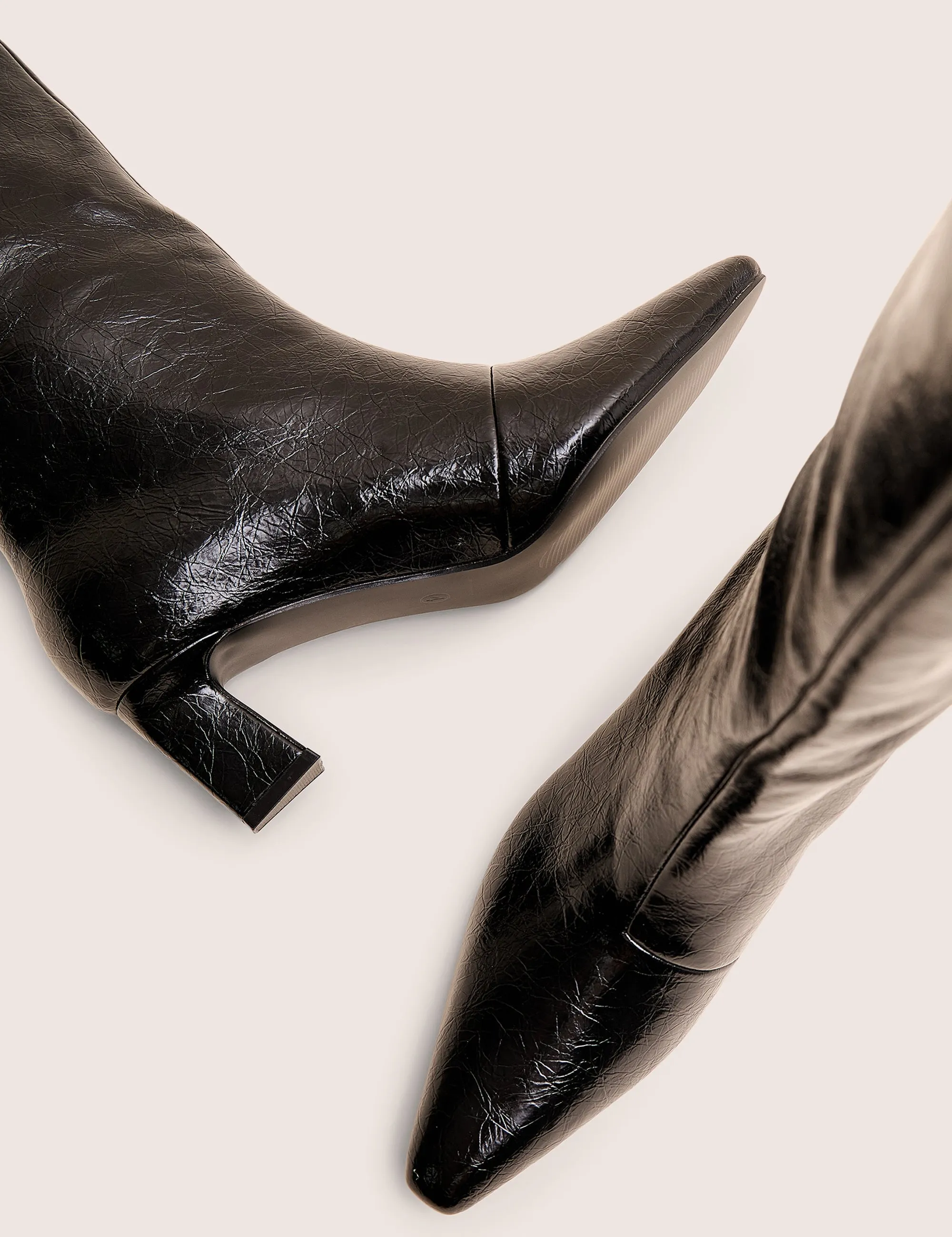 Jeans With Knee High Boots Boomer Black Crinkle Pu  Pointed Toe Knee High Mid Heel Boots