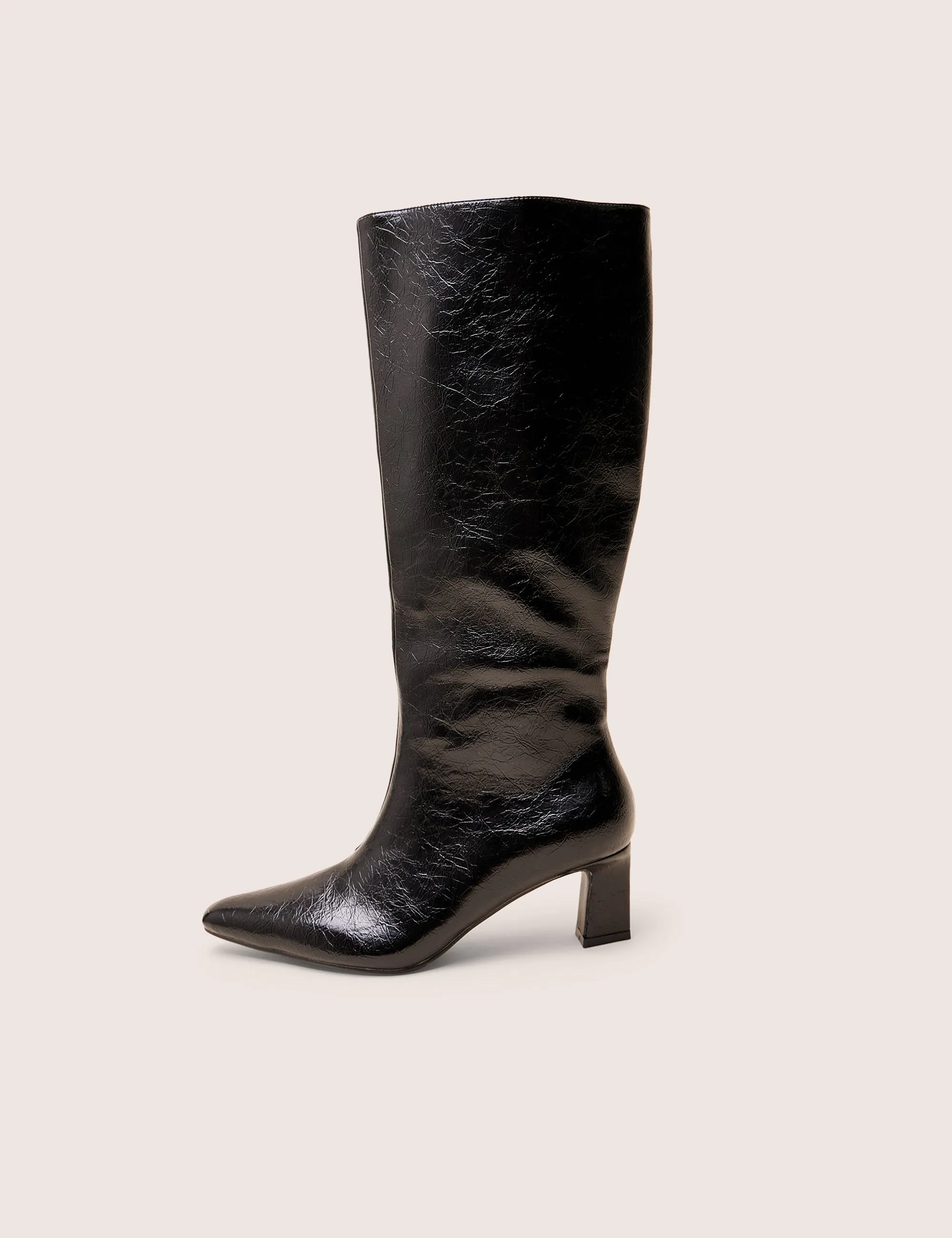 Boomer Black Crinkle Pu  Pointed Toe Knee High Mid Heel Boots Kitten Heels Knee High Boots