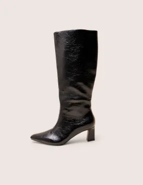 Boomer Black Crinkle Pu  Pointed Toe Knee High Mid Heel Boots Knee High Sock Boots