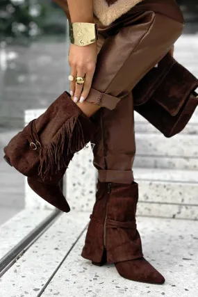 BROWN FAUX SUEDE FRINGE DETAIL BLOCK HEELED ANKLE BOOTS Waterproof Heeled Ankle Boots