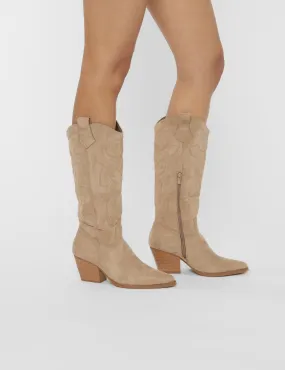 Uptown Girl Beige Suedette Western Cowboy Knee High Boots Arait Boots