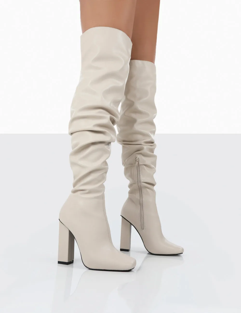Edgy Knee High Boots Cassia Ecru Square Toe Block Heel Over The Knee Boots
