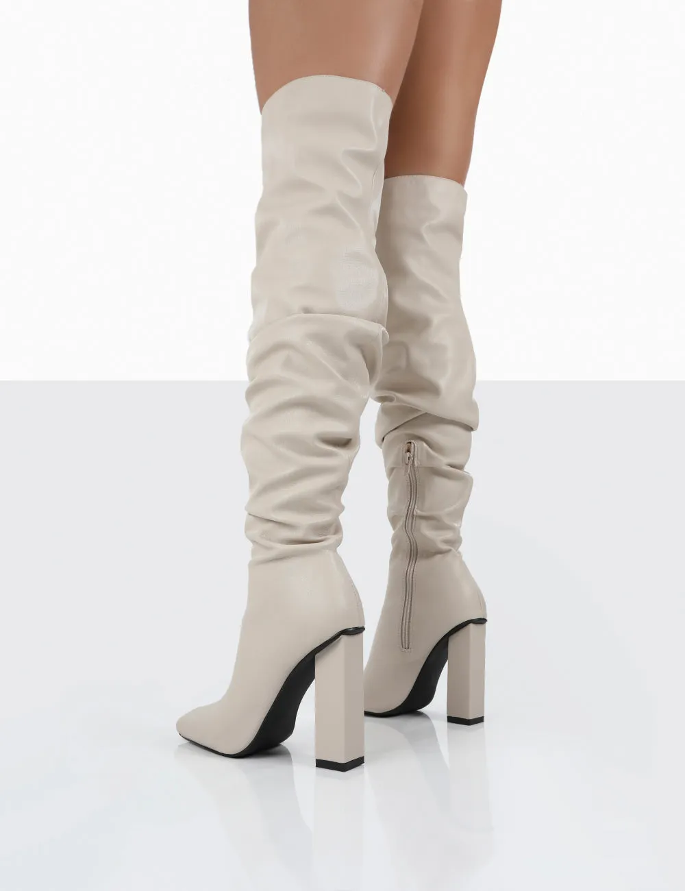 Knee High Suede Wedge Boots Cassia Ecru Square Toe Block Heel Over The Knee Boots