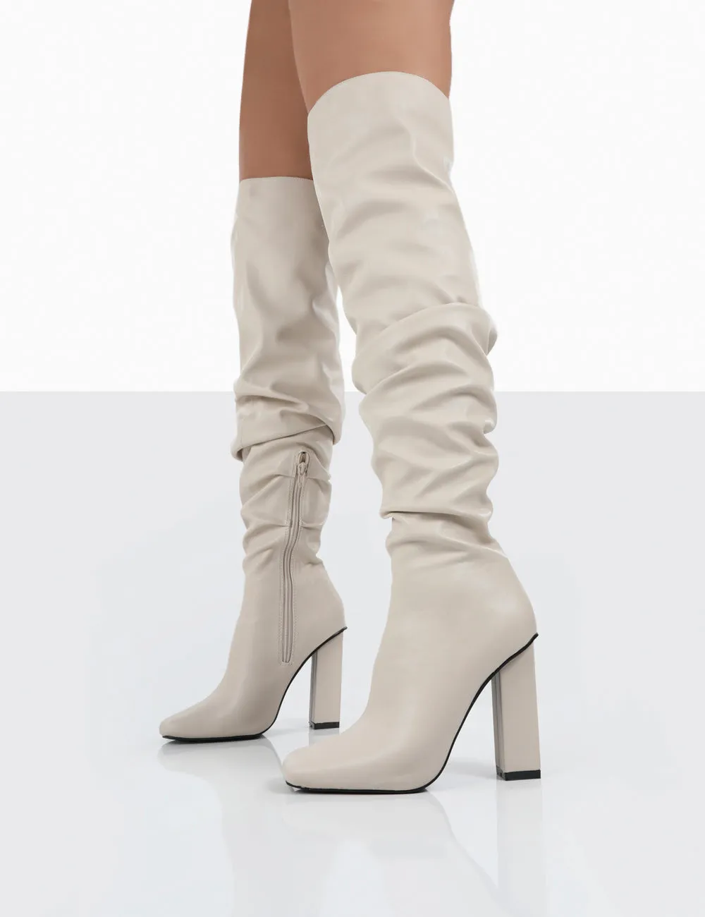 Cassia Ecru Square Toe Block Heel Over The Knee Boots Fluffy Knee High Boots