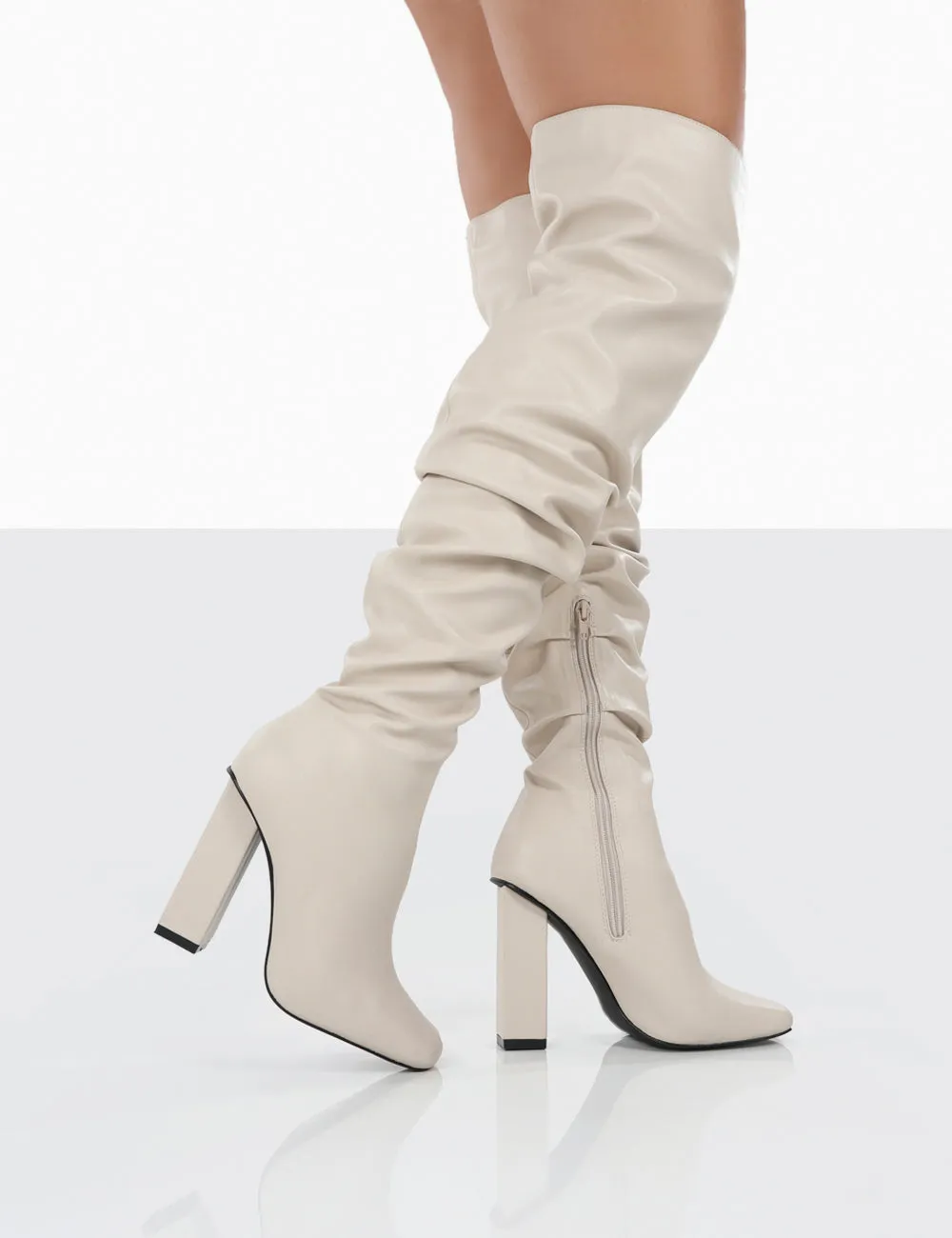 The Loft Knee High Boots Cassia Ecru Square Toe Block Heel Over The Knee Boots