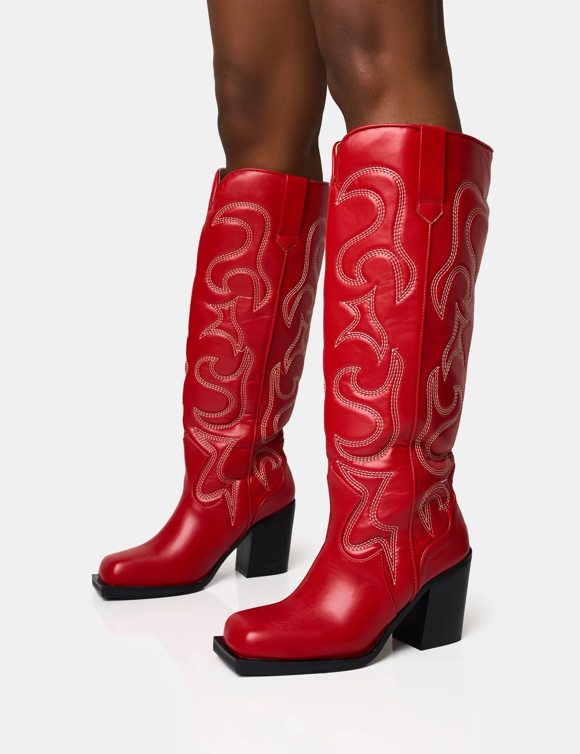 Austine Red Western Block Heel Knee High Boots Knee High Mesh Boots