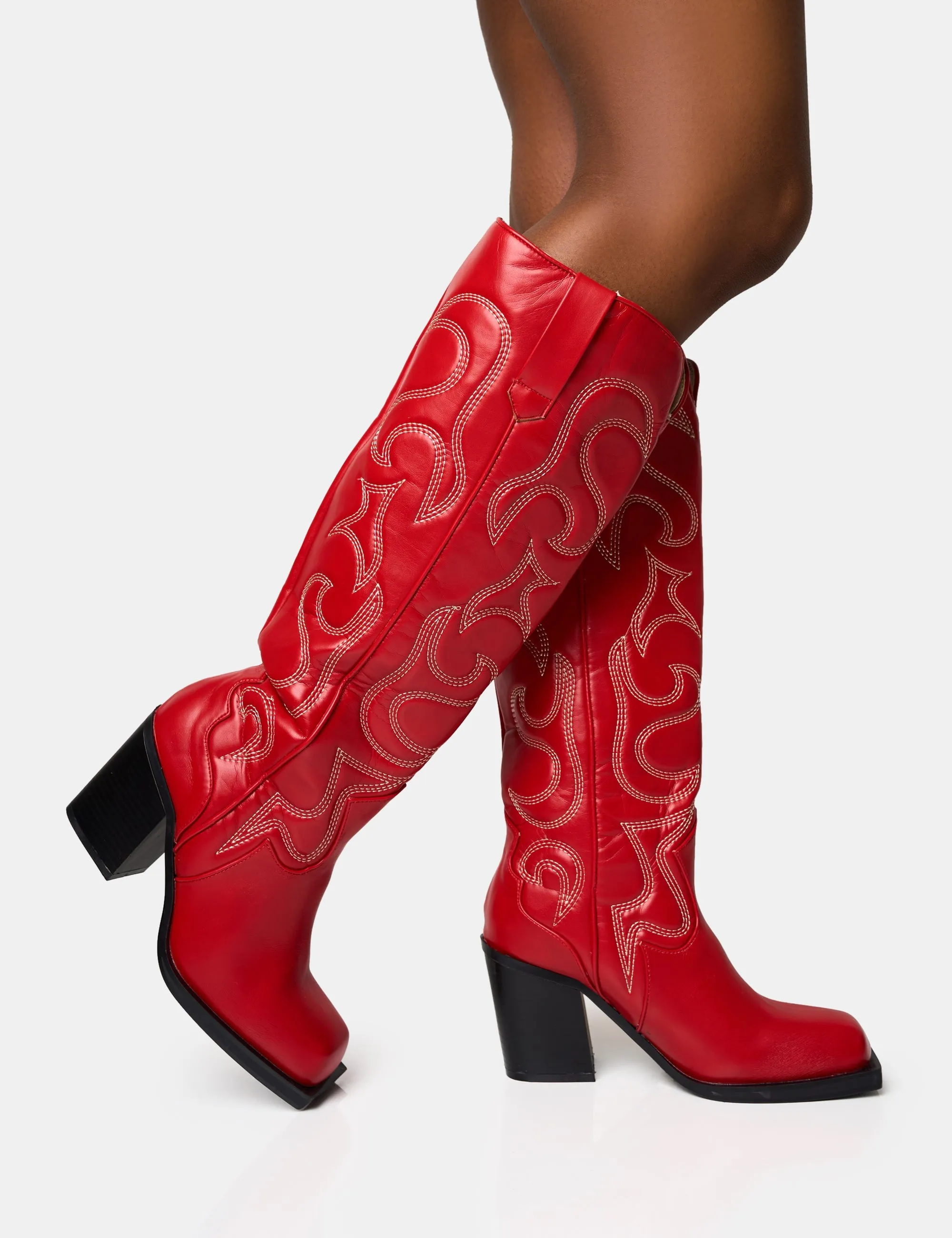 Austine Red Western Block Heel Knee High Boots Giselle Wide Calf Square Toe Knee High Boots