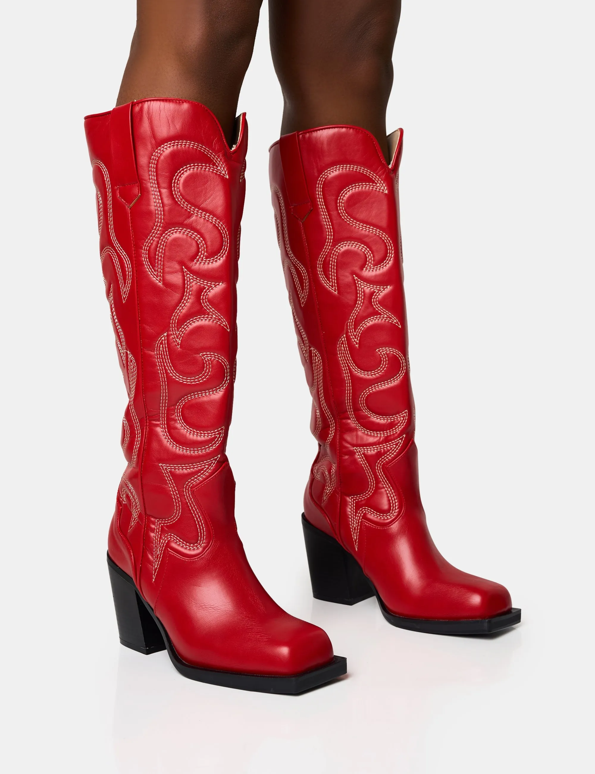 Knee High Heeled Leather Boots Austine Red Western Block Heel Knee High Boots