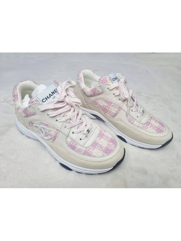 CC Logo Cotton Tweed Suede Calfskin Low Top Sneakers Pink Ecru Chanel Sneakers All