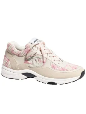 CC Logo Cotton Tweed Suede Calfskin Low Top Sneakers Pink Ecru Chanel Dresses And Sneakers