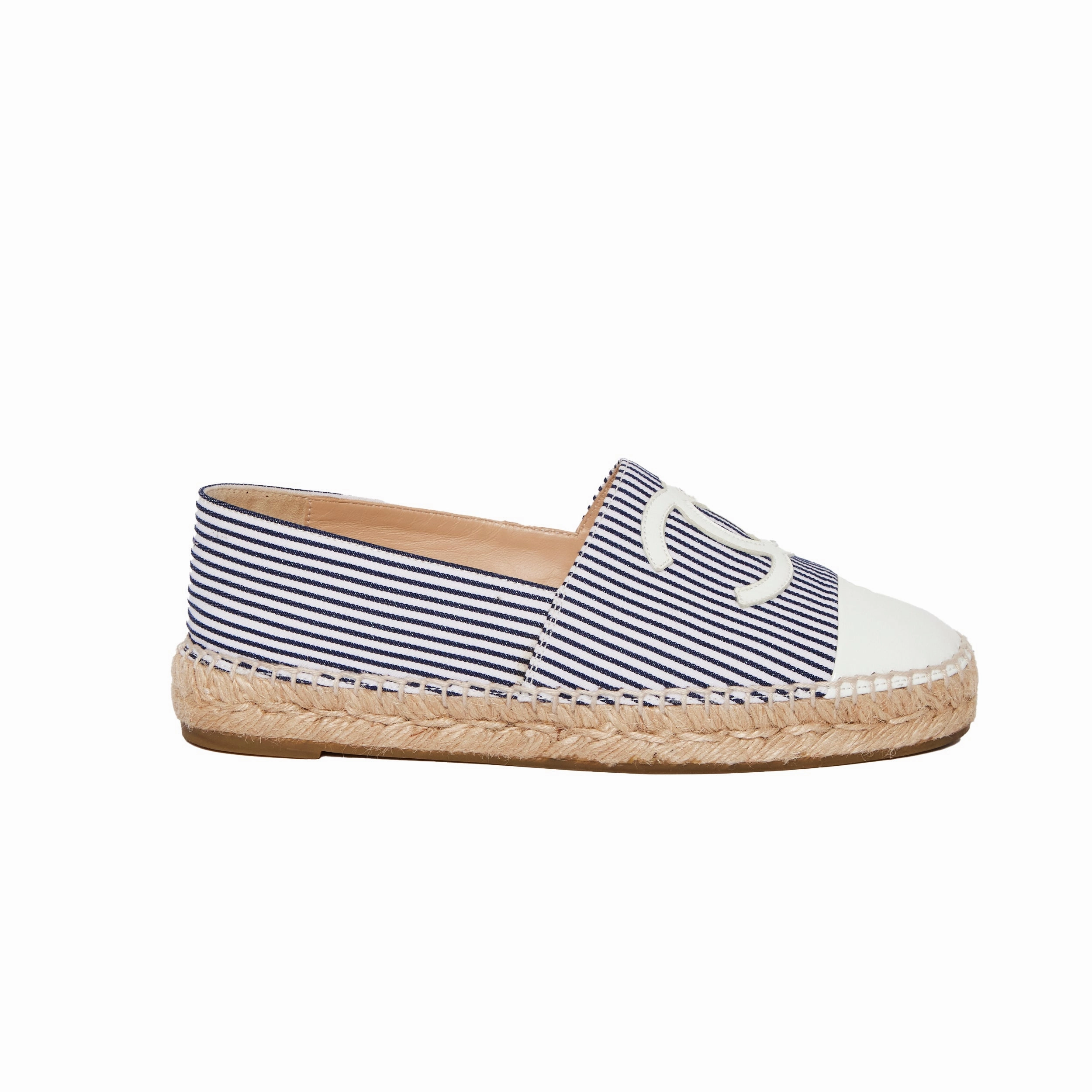 CHANEL Canvas Striped Patent CC Espadrilles Ivory Navy White 36 Ines Espadrille