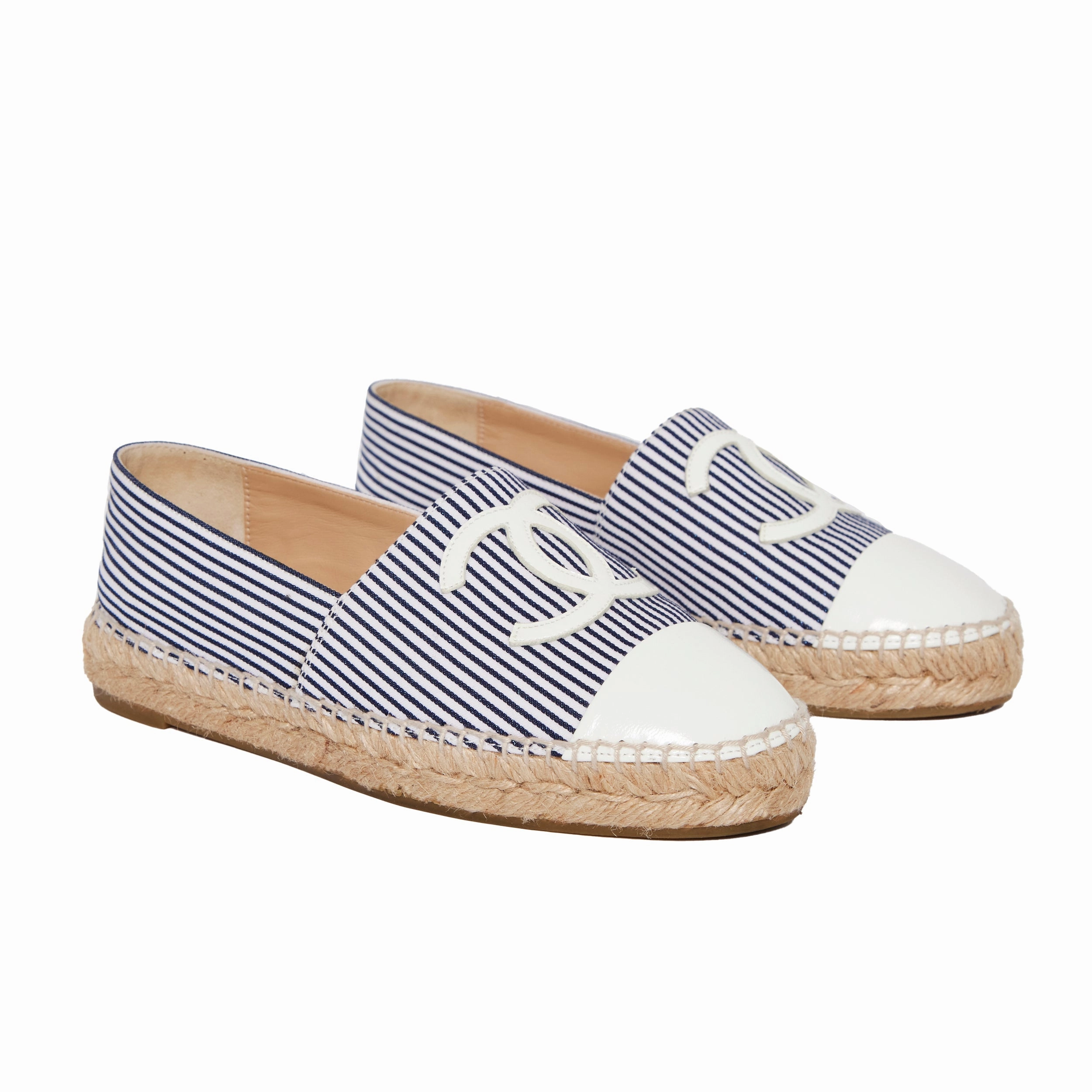 Flat Peep Toe Espadrilles CHANEL Canvas Striped Patent CC Espadrilles Ivory Navy White 36