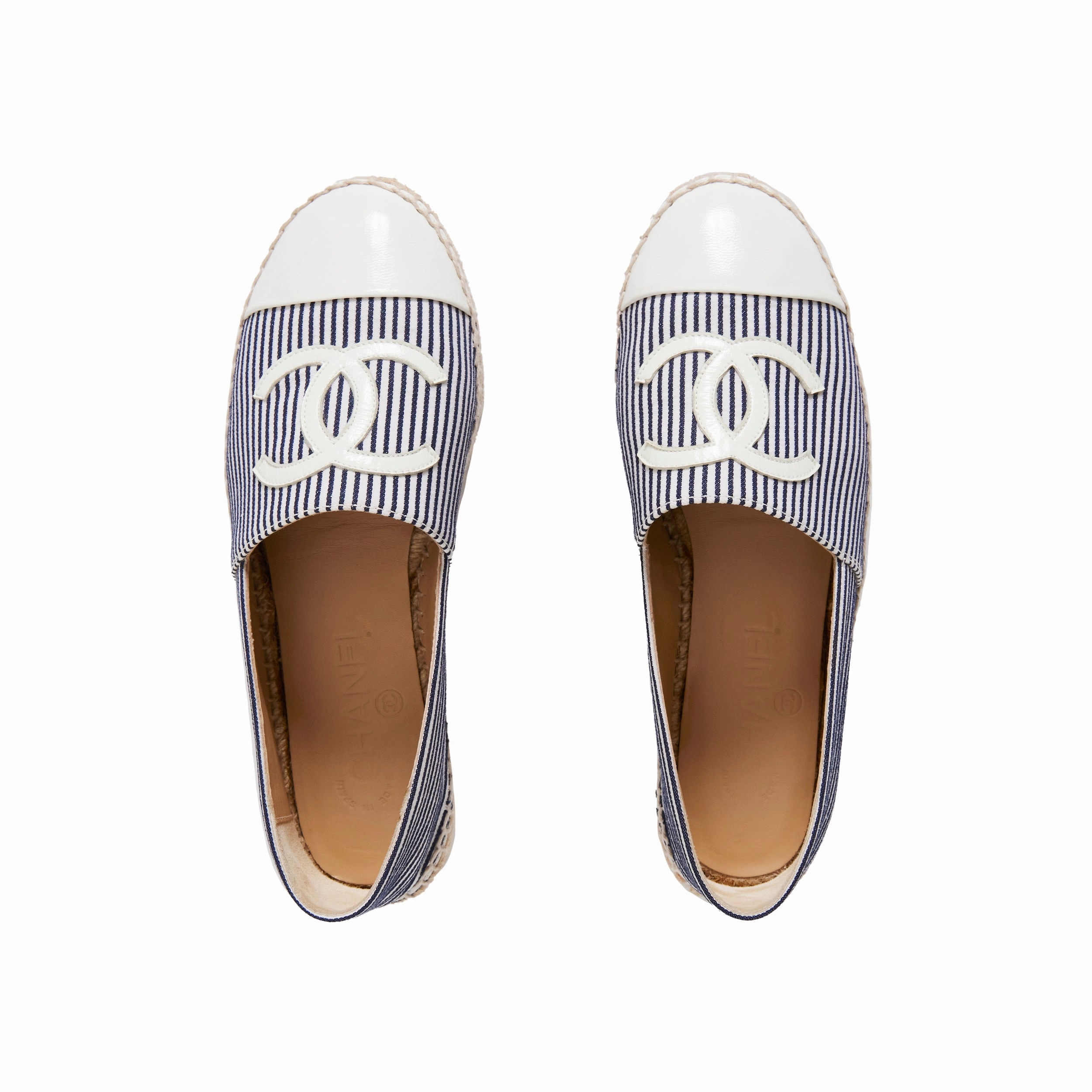 CHANEL Canvas Striped Patent CC Espadrilles Ivory Navy White 36 Rothys Espadrille Mary Janes