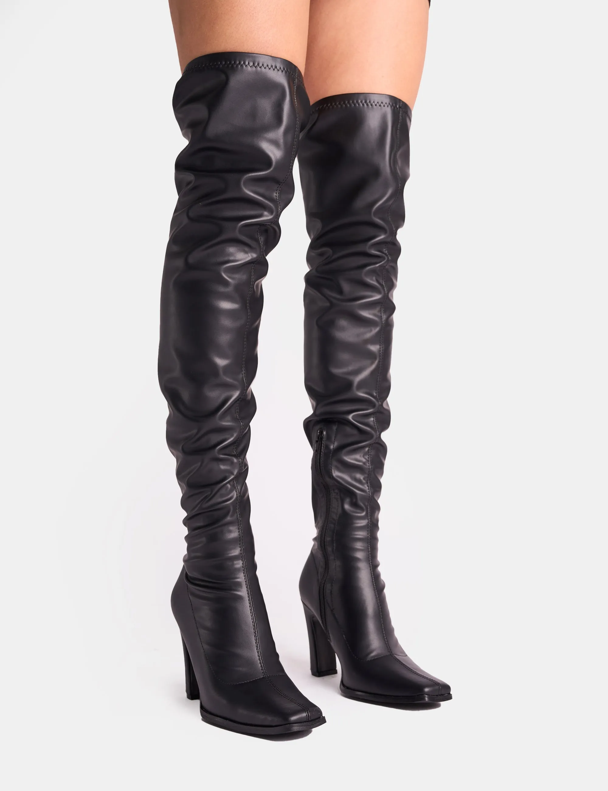 Over Knee High Boots Uk Acquaria Black Pu Over the Knee Flared Heel Boots