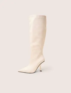 Third Date White Pointed Toe Knee High Boots Knee High Flat Chunky Boots