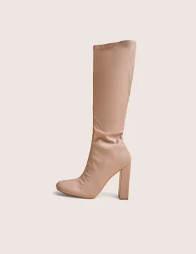 Christina Nude Pu Pointed Toe Block Heel Knee High Boots Pull Leather Knee High Boots