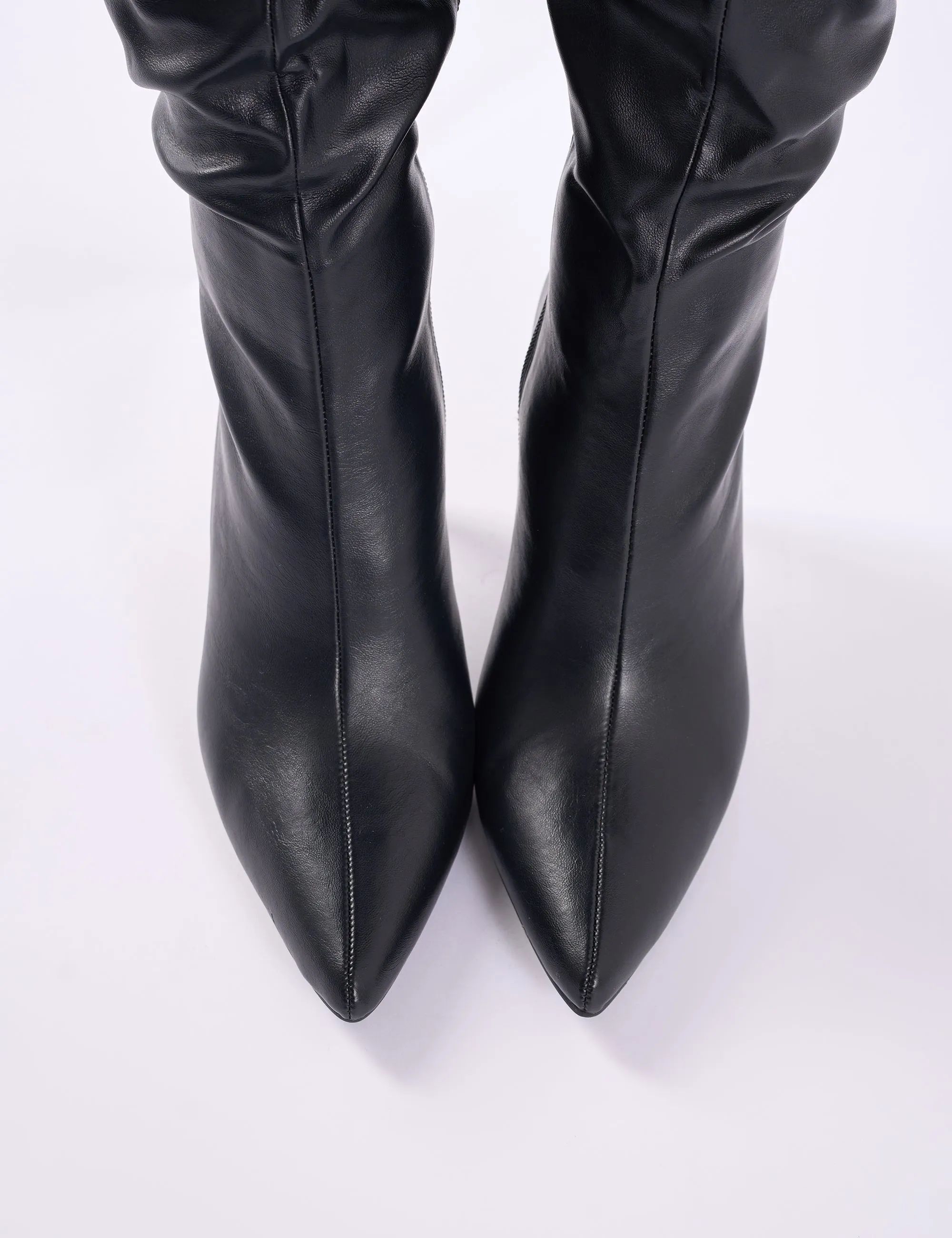Knee High Boots Flat Platform Orton Black Pu Over The Knee Mid Heel Pointed Toe Boots