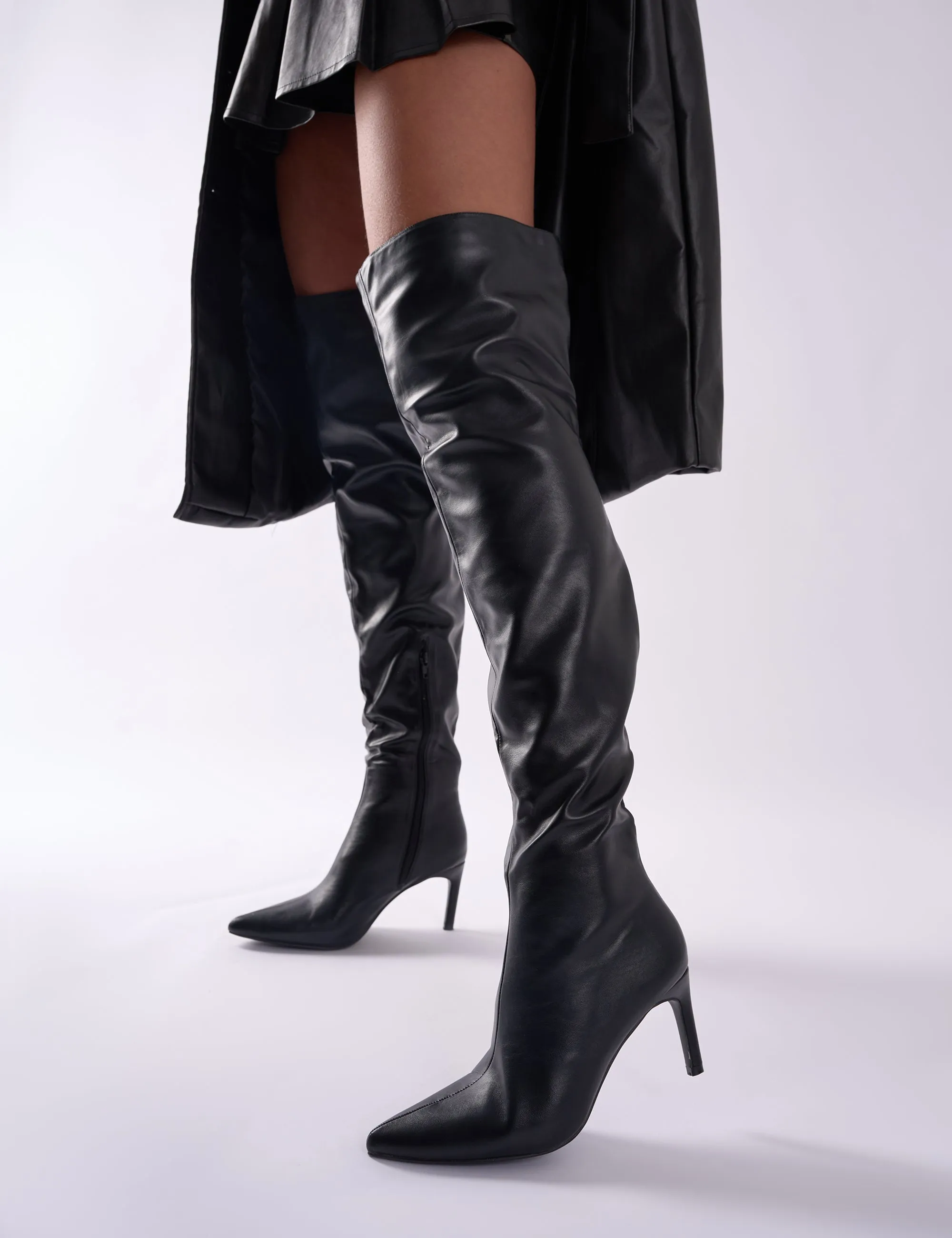 Most Comfortable Knee-high Boots For Walking All Day Orton Black Pu Over The Knee Mid Heel Pointed Toe Boots