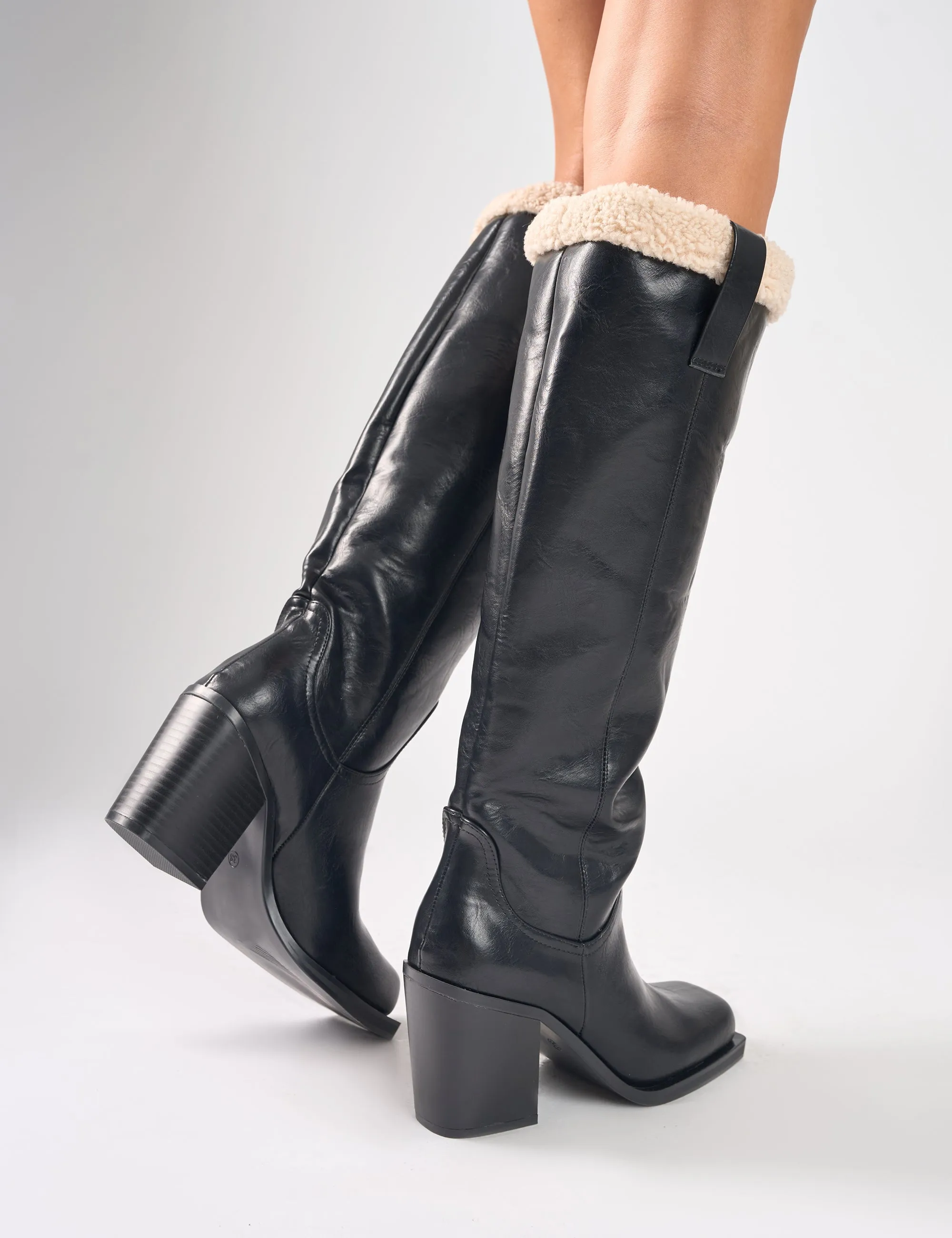 Knee High Waterproof Fishing Boots Colden Vintage Black Fur Trim Block Heel Knee High Boots